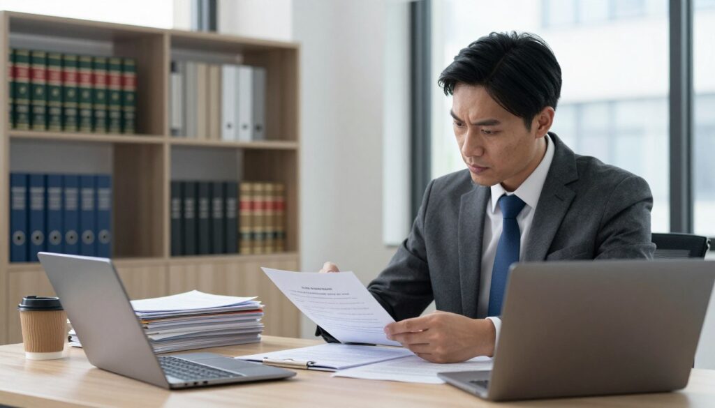 A professional-looking attorney seated at a desk covered with legal documents and a laptop, portraying a serious discussion about consumer bankruptcy. The foreground features the attorney, dressed in formal business attire, pointing to a document with a focused expression. In the middle, stacks of paperwork and a coffee cup add depth to the scene, indicating the complexity of legal matters. The background shows a modern office setting with bookshelves filled with law books and a large window allowing natural light to illuminate the space, creating an atmosphere of professionalism and trustworthiness. The scene evokes a sense of urgency and importance in the context of legal advice, with soft lighting enhancing the mood. A professional-looking attorney seated at a desk covered with legal documents and a laptop, portraying a serious discussion about consumer bankruptcy. The foreground features the attorney, dressed in formal business attire, pointing to a document with a focused expression. In the middle, stacks of paperwork and a coffee cup add depth to the scene, indicating the complexity of legal matters. The background shows a modern office setting with bookshelves filled with law books and a large window allowing natural light to illuminate the space, creating an atmosphere of professionalism and trustworthiness. The scene evokes a sense of urgency and importance in the context of legal advice, with soft lighting enhancing the mood.