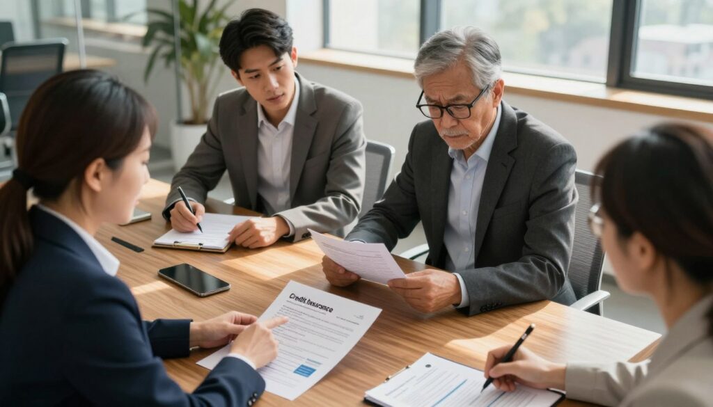 A professional-looking office environment with a diverse group of people discussing financial documents around a wooden conference table. In the foreground, a middle-aged woman in a smart business suit points to a brochure on credit insurance. In the middle, a younger man in a tailored suit is taking notes, while an older man in glasses reviews documents with a concerned expression. The background shows a modern office with large windows, letting in warm, natural light that casts soft shadows. The atmosphere is focused and serious, reflecting a discussion on financial responsibility. The camera angle is slightly elevated, capturing the scene from above to emphasize the interaction among people. A professional-looking office environment with a diverse group of people discussing financial documents around a wooden conference table. In the foreground, a middle-aged woman in a smart business suit points to a brochure on credit insurance. In the middle, a younger man in a tailored suit is taking notes, while an older man in glasses reviews documents with a concerned expression. The background shows a modern office with large windows, letting in warm, natural light that casts soft shadows. The atmosphere is focused and serious, reflecting a discussion on financial responsibility. The camera angle is slightly elevated, capturing the scene from above to emphasize the interaction among people.