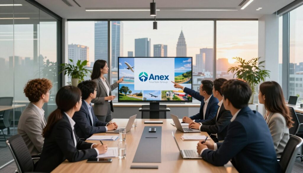 A professional meeting room in a modern office with a large conference table, surrounded by business professionals dressed in smart business attire. In the foreground, a diverse group of individuals is engaging in a discussion, pointing at a digital presentation showing the Anex Tourism Group’s logo and travel destinations in Poland. In the middle, a large window displays a skyline view of a bustling Polish city, bathed in warm afternoon sunlight. The background features a sleek, contemporary design with glass walls and subtle greenery, creating an inviting atmosphere. Use natural lighting to enhance the vibrant colors and convey a sense of collaboration and innovation in the travel industry. A professional meeting room in a modern office with a large conference table, surrounded by business professionals dressed in smart business attire. In the foreground, a diverse group of individuals is engaging in a discussion, pointing at a digital presentation showing the Anex Tourism Group’s logo and travel destinations in Poland. In the middle, a large window displays a skyline view of a bustling Polish city, bathed in warm afternoon sunlight. The background features a sleek, contemporary design with glass walls and subtle greenery, creating an inviting atmosphere. Use natural lighting to enhance the vibrant colors and convey a sense of collaboration and innovation in the travel industry.