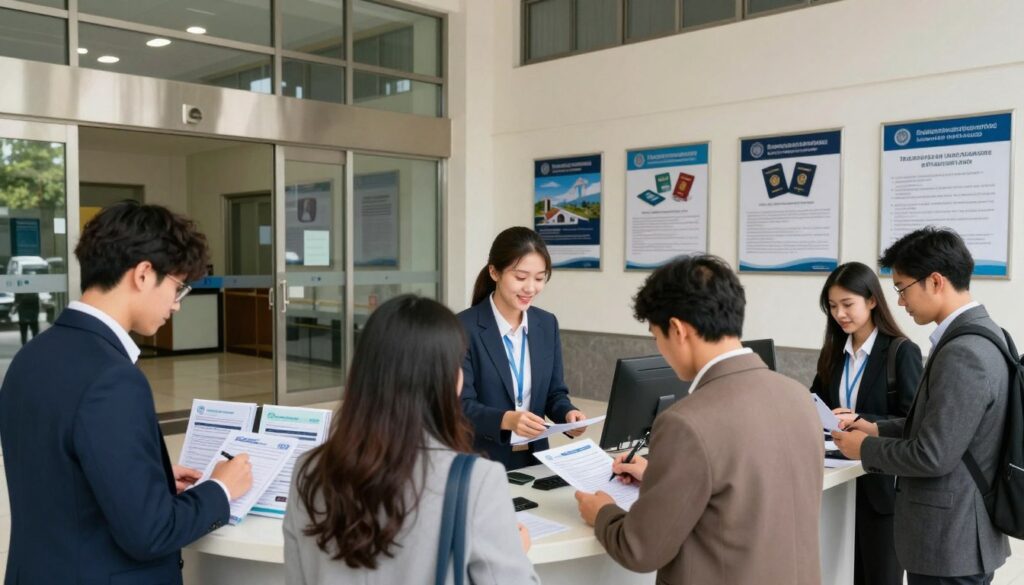 A professional, modern government building exterior, featuring a large entrance with glass doors and an information desk displaying brochures. In the foreground, a diverse group of individuals in business attire is seen filling out passport application forms at a designated area. In the middle ground, friendly staff members assist applicants, while images of passports and travel posters decorate the walls in the background. Soft, natural lighting filters through large windows, creating a welcoming atmosphere. The scene captures a sense of efficiency and hope, embodying the process of applying for a passport, with a clean and orderly environment that emphasizes professionalism and accessibility.
