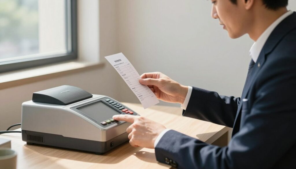 A professional, modern office scene depicting a business owner examining a receipt for a fiscal cash register purchase. In the foreground, a focused entrepreneur in smart business attire is holding a receipt in one hand while pointing to the cash register on the desk with the other hand. The middle ground features a sleek, high-tech fiscal cash register with a clean design. In the background, there is a window with soft, natural light streaming in, casting warm shadows across the room. The mood is informative and encouraging, suggesting a sense of financial relief and optimism. The composition captures a balance between professionalism and approachability, underscoring the theme of tax relief opportunities. A professional, modern office scene depicting a business owner examining a receipt for a fiscal cash register purchase. In the foreground, a focused entrepreneur in smart business attire is holding a receipt in one hand while pointing to the cash register on the desk with the other hand. The middle ground features a sleek, high-tech fiscal cash register with a clean design. In the background, there is a window with soft, natural light streaming in, casting warm shadows across the room. The mood is informative and encouraging, suggesting a sense of financial relief and optimism. The composition captures a balance between professionalism and approachability, underscoring the theme of tax relief opportunities.