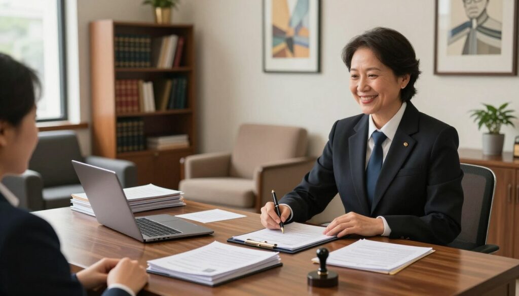 A professional notary office interior, featuring a polished wooden desk with neatly stacked legal documents and a sleek laptop. In the foreground, a well-dressed notary public, a middle-aged person in a smart suit, stands, smiling warmly as they prepare for a client visit. On the desk, a traditional ink pen and a notary seal symbolize authenticity. The middle section includes a comfortable waiting area with plush chairs and a bookshelf filled with legal books, creating an inviting atmosphere. Soft, natural light filters through large windows, highlighting the elegance of the space. The background shows tasteful artwork on the walls and a potted plant for a touch of warmth. The overall mood is professional, welcoming, and reassuring. A professional notary office interior, featuring a polished wooden desk with neatly stacked legal documents and a sleek laptop. In the foreground, a well-dressed notary public, a middle-aged person in a smart suit, stands, smiling warmly as they prepare for a client visit. On the desk, a traditional ink pen and a notary seal symbolize authenticity. The middle section includes a comfortable waiting area with plush chairs and a bookshelf filled with legal books, creating an inviting atmosphere. Soft, natural light filters through large windows, highlighting the elegance of the space. The background shows tasteful artwork on the walls and a potted plant for a touch of warmth. The overall mood is professional, welcoming, and reassuring.