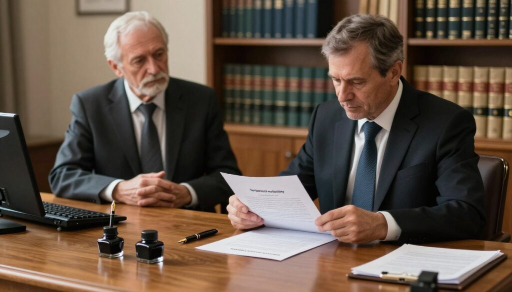 A professional notary office scene, featuring a middle-aged notary in formal business attire seated at a large oak desk, meticulously reviewing a "testament notarialny" document. The notary's focused expression conveys his role in verifying the testator's awareness and intent. In the foreground, a classic fountain pen rests on the desk beside an ink bottle. In the middle ground, a client, a well-dressed elderly individual, appears attentive and engaged while expressing their wishes during the consultation. The background includes tasteful bookshelves filled with legal literature, and soft, warm lighting creates an inviting atmosphere. The angle should capture both the notary and the client, emphasizing their interaction while highlighting the importance of the notarial process. A professional notary office scene, featuring a middle-aged notary in formal business attire seated at a large oak desk, meticulously reviewing a "testament notarialny" document. The notary's focused expression conveys his role in verifying the testator's awareness and intent. In the foreground, a classic fountain pen rests on the desk beside an ink bottle. In the middle ground, a client, a well-dressed elderly individual, appears attentive and engaged while expressing their wishes during the consultation. The background includes tasteful bookshelves filled with legal literature, and soft, warm lighting creates an inviting atmosphere. The angle should capture both the notary and the client, emphasizing their interaction while highlighting the importance of the notarial process.