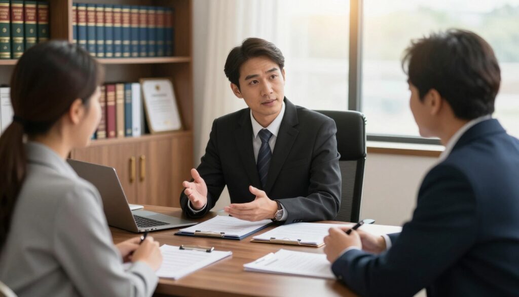 A professional notary's office scene depicting the concept of property separation, with two clients discussing their options. In the foreground, a well-dressed couple sit at a sleek wooden desk covered with legal documents and a pen, looking engaged in conversation. The middle layer includes a notary in formal business attire, explaining details with a focused expression, surrounded by shelves of law books and certificates. The background features warm, soft lighting filtering through a large window, creating an inviting atmosphere. The image should convey a sense of professionalism, clarity, and trust, emphasizing the importance of legal agreements in property separation without any text or distractions. The focus is on the interaction and the seriousness of the topic at hand. A professional notary's office scene depicting the concept of property separation, with two clients discussing their options. In the foreground, a well-dressed couple sit at a sleek wooden desk covered with legal documents and a pen, looking engaged in conversation. The middle layer includes a notary in formal business attire, explaining details with a focused expression, surrounded by shelves of law books and certificates. The background features warm, soft lighting filtering through a large window, creating an inviting atmosphere. The image should convey a sense of professionalism, clarity, and trust, emphasizing the importance of legal agreements in property separation without any text or distractions. The focus is on the interaction and the seriousness of the topic at hand.