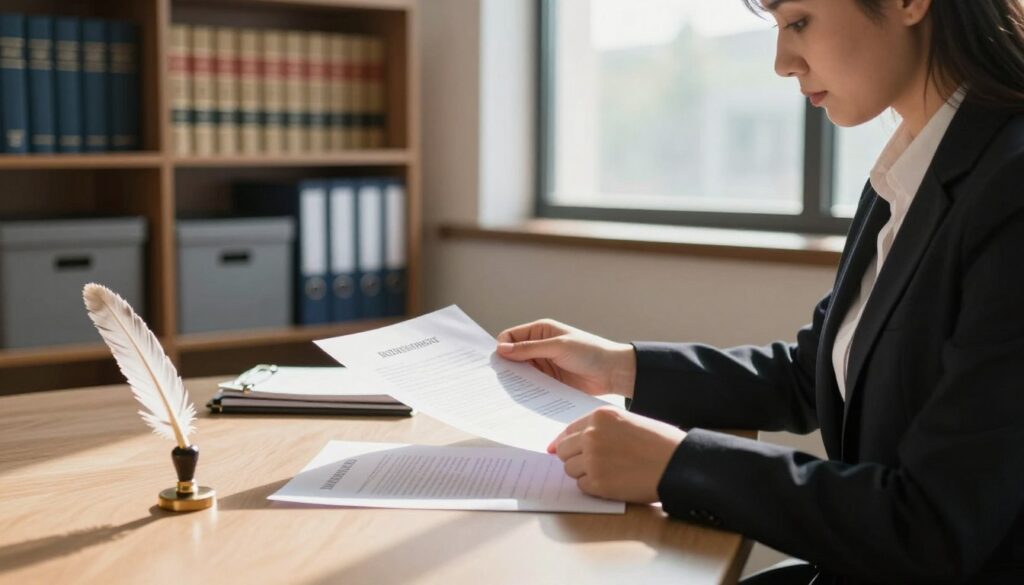 A professional notary's office scene illustrating inheritance and testament matters. In the foreground, a neatly organized desk holds a legal document, a quill, and a seal. A notary, dressed in formal business attire, is seated, thoughtfully reviewing a will. In the middle ground, shelves lined with legal books and storage boxes filled with files create a scholarly atmosphere. The background features a large window with soft, natural light streaming in, casting gentle shadows across the room, enhancing the sense of trust and professionalism. The overall mood is serious yet inviting, reflecting a welcoming environment where clients can feel secure about their legal matters. Focused soft lighting emphasizes the notary and the documents, ensuring clarity in detail. A professional notary's office scene illustrating inheritance and testament matters. In the foreground, a neatly organized desk holds a legal document, a quill, and a seal. A notary, dressed in formal business attire, is seated, thoughtfully reviewing a will. In the middle ground, shelves lined with legal books and storage boxes filled with files create a scholarly atmosphere. The background features a large window with soft, natural light streaming in, casting gentle shadows across the room, enhancing the sense of trust and professionalism. The overall mood is serious yet inviting, reflecting a welcoming environment where clients can feel secure about their legal matters. Focused soft lighting emphasizes the notary and the documents, ensuring clarity in detail.