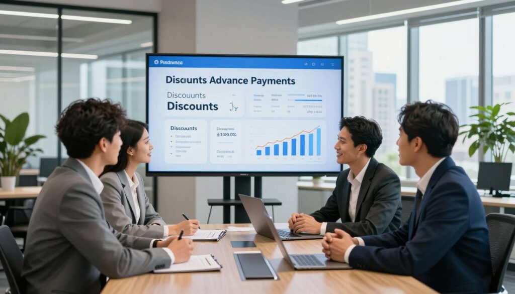 A professional office environment depicting a vibrant scene of a financial discussion. In the foreground, a diverse group of three individuals—two men and one woman—are engaged in a friendly conversation at a sleek conference table, all dressed in smart business attire. The middle ground features a large digital screen displaying visuals of discounts and financial statistics related to advance payments. The background includes a well-lit office space with modern decor, large windows showcasing a city skyline, and greenery for a touch of warmth. Soft, natural lighting creates a bright and optimistic atmosphere, emphasizing a tone of financial empowerment and collaboration. The angle should capture the interaction and the digital display, highlighting the theme of discounts for advance payments. A professional office environment depicting a vibrant scene of a financial discussion. In the foreground, a diverse group of three individuals—two men and one woman—are engaged in a friendly conversation at a sleek conference table, all dressed in smart business attire. The middle ground features a large digital screen displaying visuals of discounts and financial statistics related to advance payments. The background includes a well-lit office space with modern decor, large windows showcasing a city skyline, and greenery for a touch of warmth. Soft, natural lighting creates a bright and optimistic atmosphere, emphasizing a tone of financial empowerment and collaboration. The angle should capture the interaction and the digital display, highlighting the theme of discounts for advance payments.