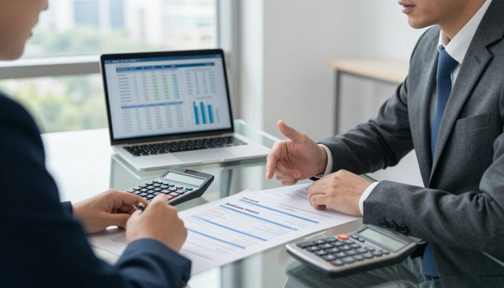 A professional office environment showcasing a financial consultation on leasing. In the foreground, a business professional, wearing a smart suit, is discussing leasing options with another individual across a modern glass conference table. Papers with leasing terms and a calculator are prominently placed on the table. The middle ground includes a sleek laptop displaying financial charts related to leasing payments and upfront fees. The background features a large window with natural light streaming in, illuminating the room, with city views creating an energetic atmosphere. The overall mood is focused and informative, emphasizing the importance of the upfront leasing payment in budgeting scenarios. A professional office environment showcasing a financial consultation on leasing. In the foreground, a business professional, wearing a smart suit, is discussing leasing options with another individual across a modern glass conference table. Papers with leasing terms and a calculator are prominently placed on the table. The middle ground includes a sleek laptop displaying financial charts related to leasing payments and upfront fees. The background features a large window with natural light streaming in, illuminating the room, with city views creating an energetic atmosphere. The overall mood is focused and informative, emphasizing the importance of the upfront leasing payment in budgeting scenarios.