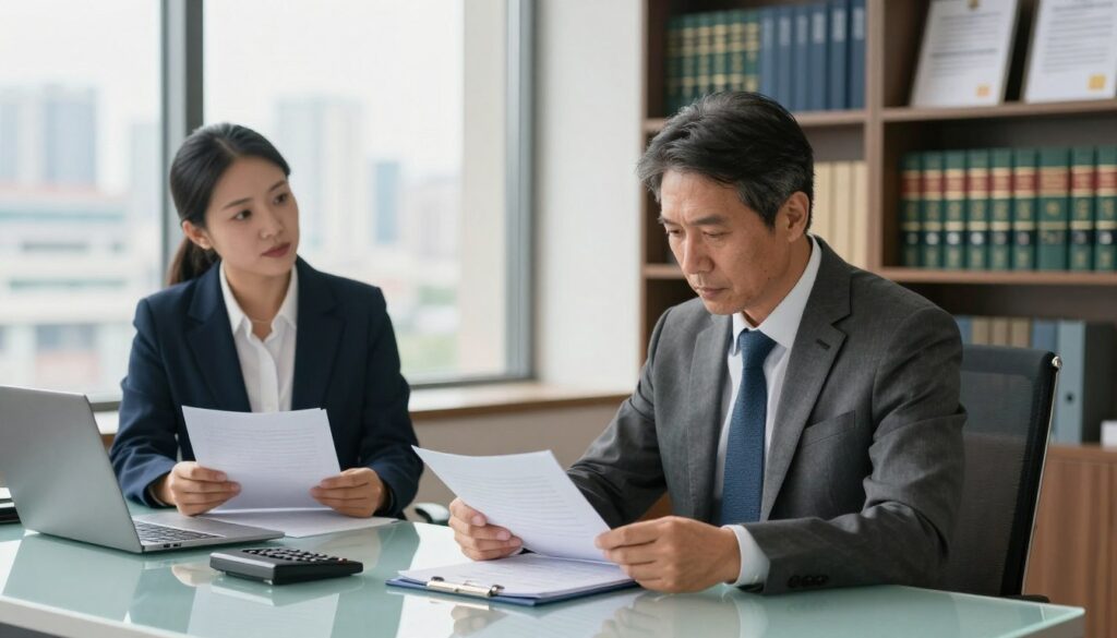 A professional office setting captures the essence of consumer bankruptcy representation. In the foreground, a well-dressed consultant, a middle-aged individual in a tailored suit, is seated at a modern glass desk, reviewing documentation, with a focused expression. To the side, a client, dressed in smart casual attire, appears engaged, holding a stack of papers and looking at the consultant attentively. In the middle ground, a large window reveals a cityscape, casting soft natural light into the room, enhancing the atmosphere of professionalism. The background features neatly organized shelves filled with legal books and certificates on the wall, reinforcing the theme of legal representation. The overall mood is one of seriousness and hope, depicting the journey through financial distress towards potential resolution. A professional office setting captures the essence of consumer bankruptcy representation. In the foreground, a well-dressed consultant, a middle-aged individual in a tailored suit, is seated at a modern glass desk, reviewing documentation, with a focused expression. To the side, a client, dressed in smart casual attire, appears engaged, holding a stack of papers and looking at the consultant attentively. In the middle ground, a large window reveals a cityscape, casting soft natural light into the room, enhancing the atmosphere of professionalism. The background features neatly organized shelves filled with legal books and certificates on the wall, reinforcing the theme of legal representation. The overall mood is one of seriousness and hope, depicting the journey through financial distress towards potential resolution.