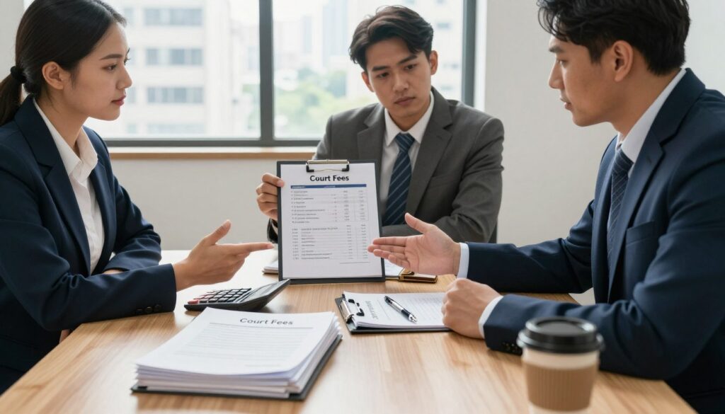 A professional office setting depicting a formal meeting about bankruptcy court fees. In the foreground, a neat stack of legal documents labeled "Court Fees" alongside a calculator, pens, and a cup of coffee. In the middle, a diverse group of three individuals in business attire discussing, one presenting a chart showing costs related to bankruptcy procedures. The background features a window with natural light streaming in, showcasing a cityscape. The overall mood is serious and informative, inviting the viewer into a crucial financial discussion. The lighting is bright and warm, creating a sense of clarity and engagement. The composition is shot from a slightly elevated angle to capture the depth of the setting while focusing on the participants' expressions. A professional office setting depicting a formal meeting about bankruptcy court fees. In the foreground, a neat stack of legal documents labeled "Court Fees" alongside a calculator, pens, and a cup of coffee. In the middle, a diverse group of three individuals in business attire discussing, one presenting a chart showing costs related to bankruptcy procedures. The background features a window with natural light streaming in, showcasing a cityscape. The overall mood is serious and informative, inviting the viewer into a crucial financial discussion. The lighting is bright and warm, creating a sense of clarity and engagement. The composition is shot from a slightly elevated angle to capture the depth of the setting while focusing on the participants' expressions.