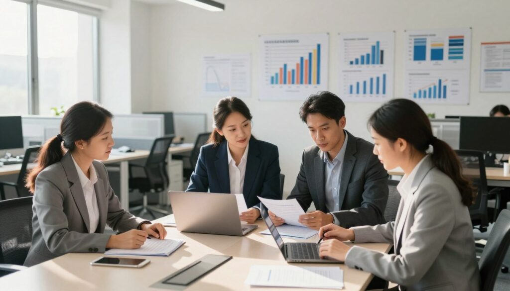 A professional office setting depicting an employer's responsibilities beyond insurance contributions. In the foreground, a diverse group of three professionals, dressed in formal business attire, gather around a large conference table, discussing documents and using laptops. The middle ground features an open-plan office with cubicles, charts, and graphs related to employee management on the walls. The background shows a bright window with sunlight streaming in, creating a warm, inviting atmosphere. Soft shadows are cast across the room, highlighting the collaborative effort of the team. The focus is on teamwork and organization, conveying a sense of responsibility and professionalism. The image is well-lit, emphasizing clarity and detail without any text or distractions. A professional office setting depicting an employer's responsibilities beyond insurance contributions. In the foreground, a diverse group of three professionals, dressed in formal business attire, gather around a large conference table, discussing documents and using laptops. The middle ground features an open-plan office with cubicles, charts, and graphs related to employee management on the walls. The background shows a bright window with sunlight streaming in, creating a warm, inviting atmosphere. Soft shadows are cast across the room, highlighting the collaborative effort of the team. The focus is on teamwork and organization, conveying a sense of responsibility and professionalism. The image is well-lit, emphasizing clarity and detail without any text or distractions.