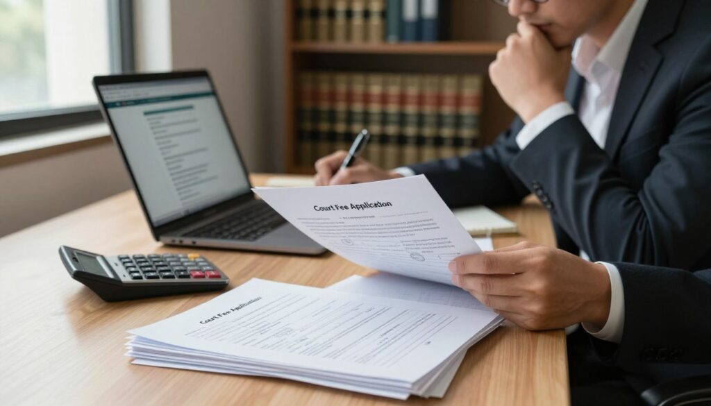 A professional office setting depicting an individual seated at a desk, reviewing documents related to a court fee application for consumer bankruptcy. The foreground features a stack of legal papers, a calculator, and a filled-out court application form titled "Court Fee Application" with official stamps visible. In the middle ground, a laptop is open, displaying a legal database page, while a thoughtful person in business attire, looking focused and composed, writes notes with a pen. The background includes shelves filled with law books and a window with natural light pouring in, creating a calm yet serious atmosphere. The lighting is warm, emphasizing a sense of professionalism and diligence in handling financial matters. A professional office setting depicting an individual seated at a desk, reviewing documents related to a court fee application for consumer bankruptcy. The foreground features a stack of legal papers, a calculator, and a filled-out court application form titled "Court Fee Application" with official stamps visible. In the middle ground, a laptop is open, displaying a legal database page, while a thoughtful person in business attire, looking focused and composed, writes notes with a pen. The background includes shelves filled with law books and a window with natural light pouring in, creating a calm yet serious atmosphere. The lighting is warm, emphasizing a sense of professionalism and diligence in handling financial matters.