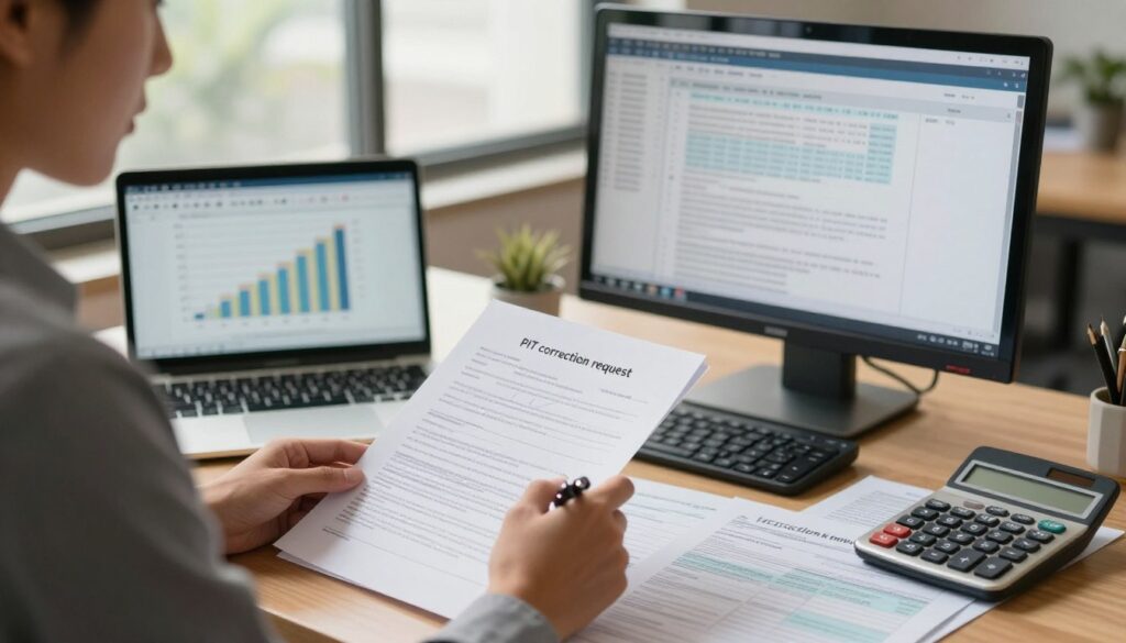 A professional office setting featuring a neatly organized desk with a computer displaying tax-related documents and spreadsheets. In the foreground, a person in business attire, holding a pen, looks thoughtfully at a printed document labeled "PIT correction request." In the middle, an open laptop shows a graph of tax statistics, while a stack of tax forms and a calculator is nearby. In the background, a large window lets in soft, natural light, creating a calm and focused atmosphere. Soft shadows enhance the sense of depth, while the overall color scheme is warm and inviting, reflecting a blend of professionalism and accessibility. The scene conveys diligence and the importance of accuracy in tax correction procedures.