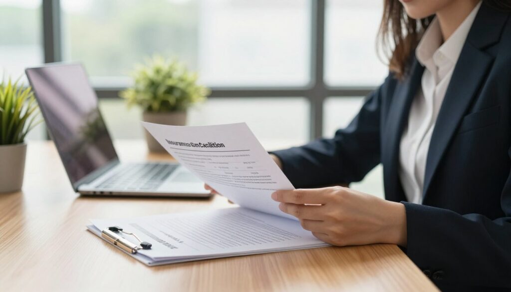 A professional office setting featuring a woman in business attire carefully reviewing paperwork related to insurance cancellation for a loan. In the foreground, a close-up of the documents showcases terms like "Insurance Cancellation" and "Refund Policy" in a clear, organized manner. The middle ground includes a desk with a laptop and a potted plant, creating a warm, inviting atmosphere. In the background, there's a large window with soft, natural light streaming in, emphasizing a sense of clarity and motivation. The overall mood is serious yet hopeful, representing the process of regaining financial freedom through understanding insurance policies. The composition captures focus and professionalism. A professional office setting featuring a woman in business attire carefully reviewing paperwork related to insurance cancellation for a loan. In the foreground, a close-up of the documents showcases terms like "Insurance Cancellation" and "Refund Policy" in a clear, organized manner. The middle ground includes a desk with a laptop and a potted plant, creating a warm, inviting atmosphere. In the background, there's a large window with soft, natural light streaming in, emphasizing a sense of clarity and motivation. The overall mood is serious yet hopeful, representing the process of regaining financial freedom through understanding insurance policies. The composition captures focus and professionalism.