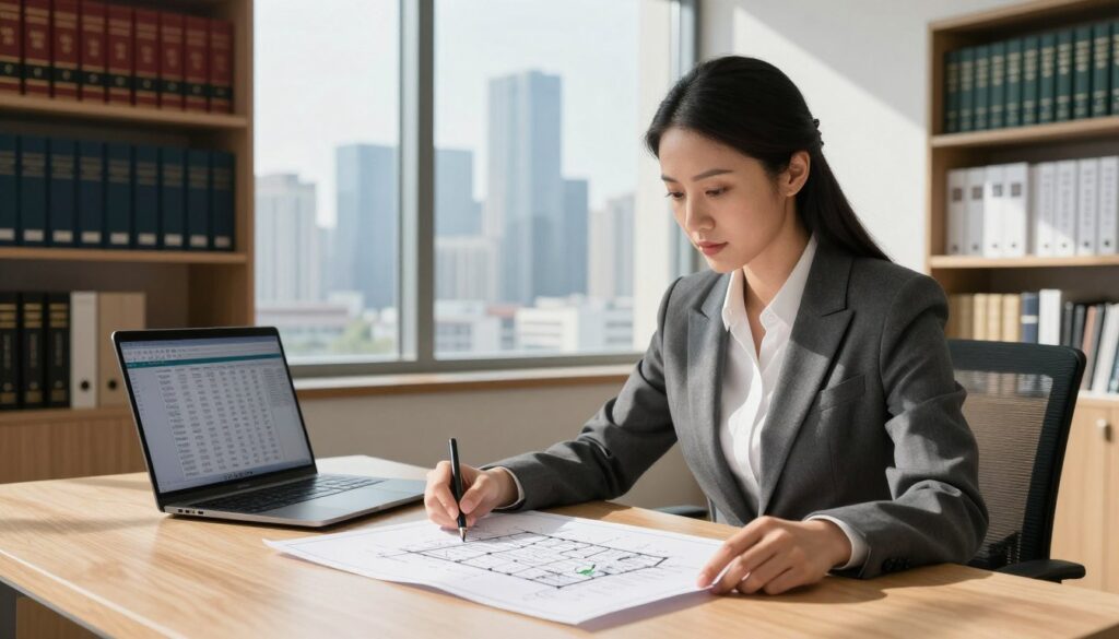 A professional office setting focused on real estate appraisal. In the foreground, a confident appraiser, wearing a smart business suit, examines a large property blueprint on a wooden table. Nearby, a laptop displays financial calculations and market data. In the middle ground, a large window shows a view of a modern city skyline, bathed in natural daylight, creating a positive and productive atmosphere. The background features shelves filled with legal books and real estate guides, enhancing the theme of property assessment. The overall mood is serious and analytical, suggesting a meticulous approach to challenging a flawed appraisal opinion. Soft shadows are cast across the room, with clear, bright lighting highlighting the appraiser’s focused expression. A professional office setting focused on real estate appraisal. In the foreground, a confident appraiser, wearing a smart business suit, examines a large property blueprint on a wooden table. Nearby, a laptop displays financial calculations and market data. In the middle ground, a large window shows a view of a modern city skyline, bathed in natural daylight, creating a positive and productive atmosphere. The background features shelves filled with legal books and real estate guides, enhancing the theme of property assessment. The overall mood is serious and analytical, suggesting a meticulous approach to challenging a flawed appraisal opinion. Soft shadows are cast across the room, with clear, bright lighting highlighting the appraiser’s focused expression.