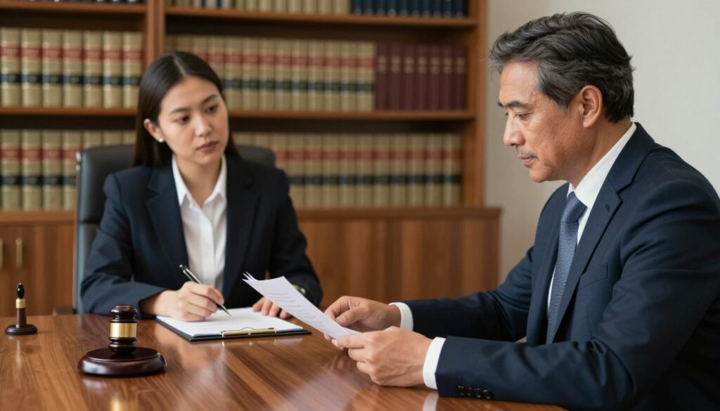 A professional office setting illustrating the concept of "property separation." In the foreground, a well-dressed lawyer, a middle-aged person of diverse background, sits at a polished wooden desk, reviewing documents with a look of concentration. In the middle ground, a couple, equally attired in smart business casual, is engaged in a serious discussion, papers and a notary seal visible on the desk. The background features a wall of bookshelves filled with legal books, emphasizing a sense of professionalism and authority. Soft, warm lighting creates a welcoming atmosphere, enhancing the feeling of trust and seriousness. The composition uses a slight tilt-angle view to add depth and focus to the interaction, capturing a crucial moment in legal consultation. A professional office setting illustrating the concept of "property separation." In the foreground, a well-dressed lawyer, a middle-aged person of diverse background, sits at a polished wooden desk, reviewing documents with a look of concentration. In the middle ground, a couple, equally attired in smart business casual, is engaged in a serious discussion, papers and a notary seal visible on the desk. The background features a wall of bookshelves filled with legal books, emphasizing a sense of professionalism and authority. Soft, warm lighting creates a welcoming atmosphere, enhancing the feeling of trust and seriousness. The composition uses a slight tilt-angle view to add depth and focus to the interaction, capturing a crucial moment in legal consultation.