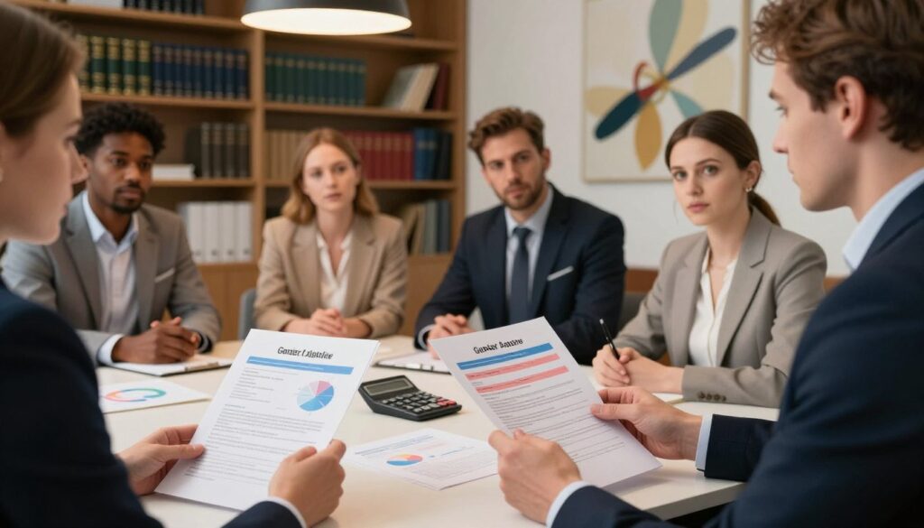 A professional office setting showcasing a diverse group of individuals engaged in a serious discussion about gender transition costs in Poland. In the foreground, a well-dressed person, holding documents, appears to explain the expenses involved in changing gender markers in official documents. The middle ground features a table with charts and calculators, symbolizing financial planning and legal procedures. In the background, an elegant office space with shelves filled with legal books and an abstract art piece, enhancing the professional atmosphere. Soft, warm lighting emanates from overhead fixtures to create a welcoming mood, focusing the viewer's attention on the discussions. The composition is shot from a medium angle to capture both the individuals and the informative materials clearly. A professional office setting showcasing a diverse group of individuals engaged in a serious discussion about gender transition costs in Poland. In the foreground, a well-dressed person, holding documents, appears to explain the expenses involved in changing gender markers in official documents. The middle ground features a table with charts and calculators, symbolizing financial planning and legal procedures. In the background, an elegant office space with shelves filled with legal books and an abstract art piece, enhancing the professional atmosphere. Soft, warm lighting emanates from overhead fixtures to create a welcoming mood, focusing the viewer's attention on the discussions. The composition is shot from a medium angle to capture both the individuals and the informative materials clearly.