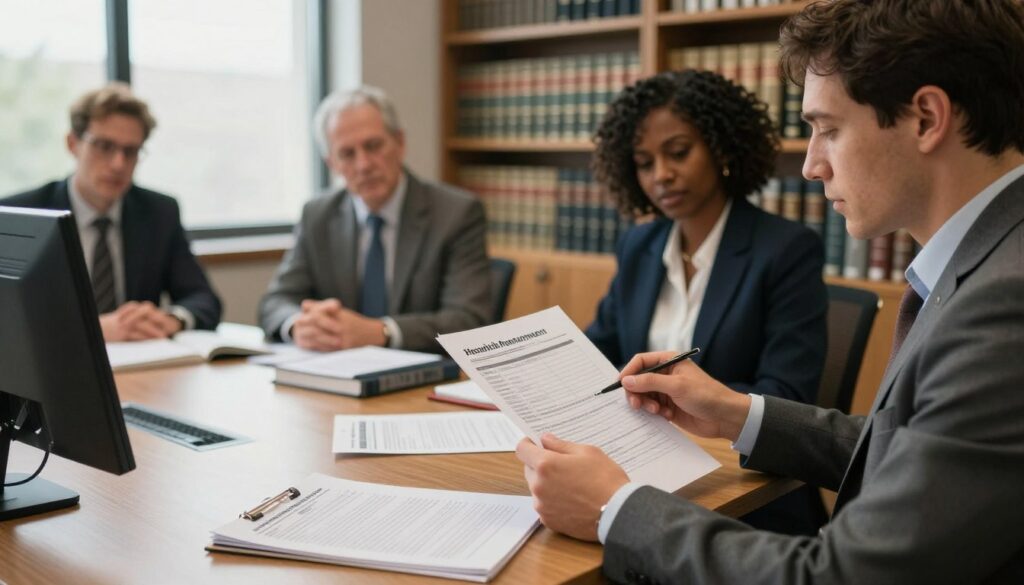 A professional office setting showcasing a diverse group of individuals reviewing necessary health and legal requirements for firearm ownership. In the foreground, a person in business attire is examining a checklist with a focused expression, surrounded by documents and a computer. In the middle, a conference table holds medical reports and legal books, with soft lighting casting a warm glow over the scene. The background features shelves filled with law books and a large window letting in natural light, creating an open and inviting atmosphere. The mood is serious yet collaborative, emphasizing the importance of understanding legal health requirements in a respectful manner. A professional office setting showcasing a diverse group of individuals reviewing necessary health and legal requirements for firearm ownership. In the foreground, a person in business attire is examining a checklist with a focused expression, surrounded by documents and a computer. In the middle, a conference table holds medical reports and legal books, with soft lighting casting a warm glow over the scene. The background features shelves filled with law books and a large window letting in natural light, creating an open and inviting atmosphere. The mood is serious yet collaborative, emphasizing the importance of understanding legal health requirements in a respectful manner.