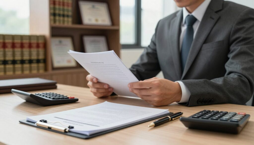 A professional office setting showcasing a modern law firm's honorary fee structure. In the foreground, a neatly arranged desk with legal documents, a calculator, and a polished pen, conveying a sense of professionalism. In the middle ground, a lawyer in a tailored suit, analyzing a stack of case files, exuding focus and determination. The background features shelves lined with law books and framed certificates, with large windows allowing soft natural light to filter in, creating a warm and inviting atmosphere. The overall mood reflects professionalism, trust, and the seriousness of legal fees, capturing the essence of what determines the honorarium of a law office. The angle is slightly elevated, providing a comprehensive view of the workspace while maintaining clarity on key elements. A professional office setting showcasing a modern law firm's honorary fee structure. In the foreground, a neatly arranged desk with legal documents, a calculator, and a polished pen, conveying a sense of professionalism. In the middle ground, a lawyer in a tailored suit, analyzing a stack of case files, exuding focus and determination. The background features shelves lined with law books and framed certificates, with large windows allowing soft natural light to filter in, creating a warm and inviting atmosphere. The overall mood reflects professionalism, trust, and the seriousness of legal fees, capturing the essence of what determines the honorarium of a law office. The angle is slightly elevated, providing a comprehensive view of the workspace while maintaining clarity on key elements.