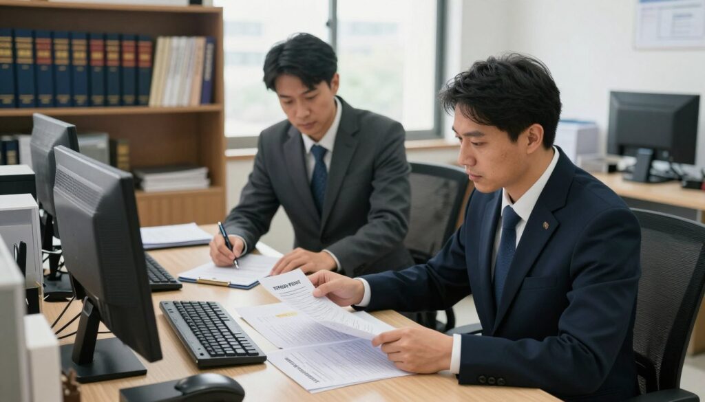 A professional office setting showcasing the procedure for submitting a firearm permit application. In the foreground, a well-dressed official sits at a desk, reviewing documents with a focused expression, surrounded by forms and a computer. In the middle ground, another office worker assists a client, who is attentively filling out papers. The background features shelves filled with regulatory books and a large window allowing natural light to illuminate the space. Soft, diffused lighting enhances the atmosphere, creating a sense of professionalism and order. Use a slightly elevated angle to capture both the interaction and the organizational details of the office. The mood is serious yet approachable, reflecting the importance of the application process. A professional office setting showcasing the procedure for submitting a firearm permit application. In the foreground, a well-dressed official sits at a desk, reviewing documents with a focused expression, surrounded by forms and a computer. In the middle ground, another office worker assists a client, who is attentively filling out papers. The background features shelves filled with regulatory books and a large window allowing natural light to illuminate the space. Soft, diffused lighting enhances the atmosphere, creating a sense of professionalism and order. Use a slightly elevated angle to capture both the interaction and the organizational details of the office. The mood is serious yet approachable, reflecting the importance of the application process.