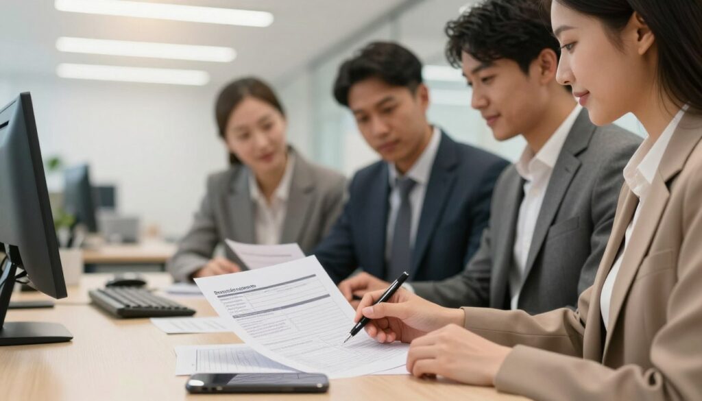 A professional office setting showing individuals at a desk preparing identification documents, emphasizing the process of applying for a new identity card. In the foreground, a neatly organized desk displays an open application form, a pen, and a smartphone. In the middle ground, a diverse group of three individuals in professional attire—two men and one woman—discuss the required documents while reviewing a checklist. The background features a soft-focus government office with bright overhead lights and minimalistic décor, creating a formal atmosphere. The image is warmly lit, with a slight lens flare to enhance the lively engagement among the individuals, capturing a mood of professionalism and determination. A professional office setting showing individuals at a desk preparing identification documents, emphasizing the process of applying for a new identity card. In the foreground, a neatly organized desk displays an open application form, a pen, and a smartphone. In the middle ground, a diverse group of three individuals in professional attire—two men and one woman—discuss the required documents while reviewing a checklist. The background features a soft-focus government office with bright overhead lights and minimalistic décor, creating a formal atmosphere. The image is warmly lit, with a slight lens flare to enhance the lively engagement among the individuals, capturing a mood of professionalism and determination.
