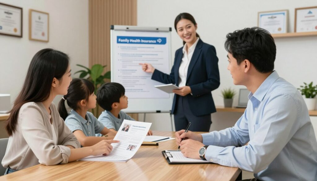 A professional office setting where a family is discussing health insurance enrollment. In the foreground, a father and mother are attentively reviewing documents, sitting at a sleek wooden desk. The mother is pointing at a family photo on a brochure, while the father takes notes, showing engagement and interest. Their two children, a girl and a boy, sit nearby, eagerly watching. In the middle ground, a friendly insurance agent in business attire smiles and gestures toward an informational poster about family health insurance plans. The background features warm lighting, a modern office with plants and certificates on the walls, creating an inviting and professional atmosphere. The overall mood is optimistic and informative, emphasizing the importance of family health coverage. A professional office setting where a family is discussing health insurance enrollment. In the foreground, a father and mother are attentively reviewing documents, sitting at a sleek wooden desk. The mother is pointing at a family photo on a brochure, while the father takes notes, showing engagement and interest. Their two children, a girl and a boy, sit nearby, eagerly watching. In the middle ground, a friendly insurance agent in business attire smiles and gestures toward an informational poster about family health insurance plans. The background features warm lighting, a modern office with plants and certificates on the walls, creating an inviting and professional atmosphere. The overall mood is optimistic and informative, emphasizing the importance of family health coverage.