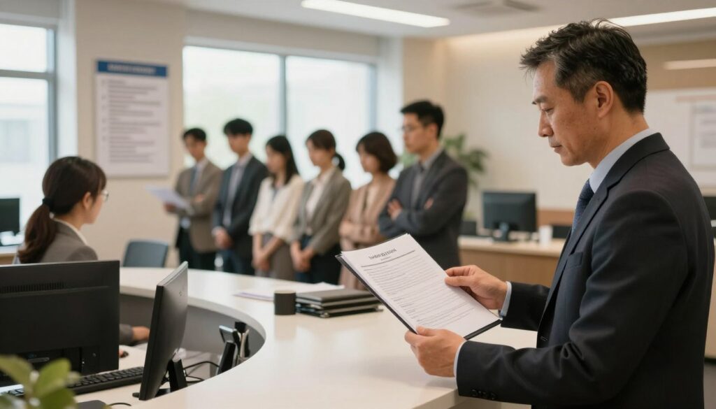 A professional office setting where individuals are submitting documents related to land register applications. In the foreground, a well-dressed middle-aged man holding a folder filled with forms, looking attentively at a receptionist behind a sleek desk. The middle ground features a busy office environment with other applicants waiting in line, and a poster on the wall depicting guidelines for applications. The background shows large windows allowing natural light to flow in, creating a warm ambiance. The overall atmosphere is one of professionalism and focused activity, suggesting the importance of the process. Use soft, diffused lighting to enhance the inviting feel of the office space, with a wide-angle lens to capture the depth of the scene. A professional office setting where individuals are submitting documents related to land register applications. In the foreground, a well-dressed middle-aged man holding a folder filled with forms, looking attentively at a receptionist behind a sleek desk. The middle ground features a busy office environment with other applicants waiting in line, and a poster on the wall depicting guidelines for applications. The background shows large windows allowing natural light to flow in, creating a warm ambiance. The overall atmosphere is one of professionalism and focused activity, suggesting the importance of the process. Use soft, diffused lighting to enhance the inviting feel of the office space, with a wide-angle lens to capture the depth of the scene.