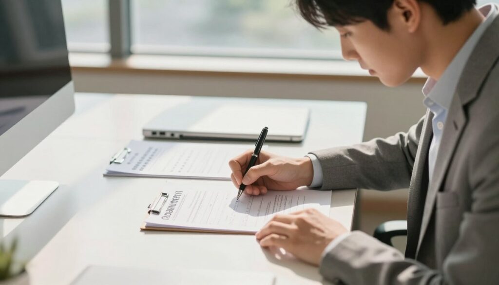 A professional office setting with a clean, modern aesthetic. In the foreground, a young adult dressed in business casual attire is sitting at a desk, focused on filling out a form for a personal identification document. They are using a pen to write, showing a look of concentration. In the middle ground, various documents related to the application process are neatly organized, including a checklist and an ID document. The background features a large window letting in natural light, illuminating the workspace and creating a warm, inviting atmosphere. Soft shadows are cast across the desk, adding depth. The focus is sharp on the applicant, creating a sense of urgency and importance around submitting the application for a new ID document. A professional office setting with a clean, modern aesthetic. In the foreground, a young adult dressed in business casual attire is sitting at a desk, focused on filling out a form for a personal identification document. They are using a pen to write, showing a look of concentration. In the middle ground, various documents related to the application process are neatly organized, including a checklist and an ID document. The background features a large window letting in natural light, illuminating the workspace and creating a warm, inviting atmosphere. Soft shadows are cast across the desk, adding depth. The focus is sharp on the applicant, creating a sense of urgency and importance around submitting the application for a new ID document.