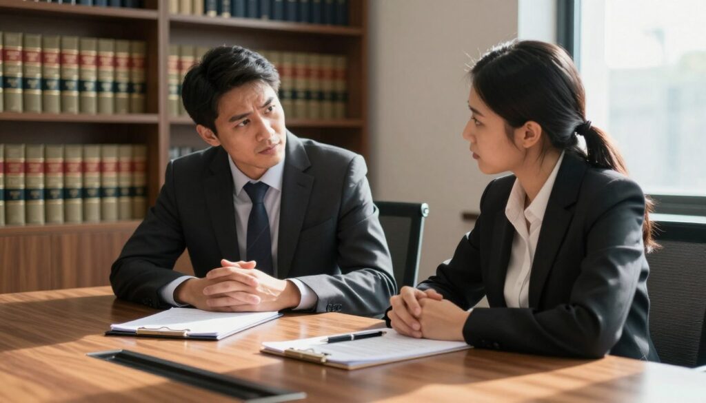 A professional office setting with a wooden conference table in the foreground, covered with legal documents and a pen. In the center, two individuals in professional business attire, a man and a woman, are engaged in a serious discussion about the implications of withdrawing a separation application, with concerned expressions on their faces. The background features a bookshelf filled with law books and a window allowing natural light to illuminate the space, creating a warm and focused atmosphere. The camera angle captures the details of their expressions as well as the documents, suggesting a sense of urgency and reflection. Soft shadows play across the table, enhancing the seriousness of the topic. A professional office setting with a wooden conference table in the foreground, covered with legal documents and a pen. In the center, two individuals in professional business attire, a man and a woman, are engaged in a serious discussion about the implications of withdrawing a separation application, with concerned expressions on their faces. The background features a bookshelf filled with law books and a window allowing natural light to illuminate the space, creating a warm and focused atmosphere. The camera angle captures the details of their expressions as well as the documents, suggesting a sense of urgency and reflection. Soft shadows play across the table, enhancing the seriousness of the topic.
