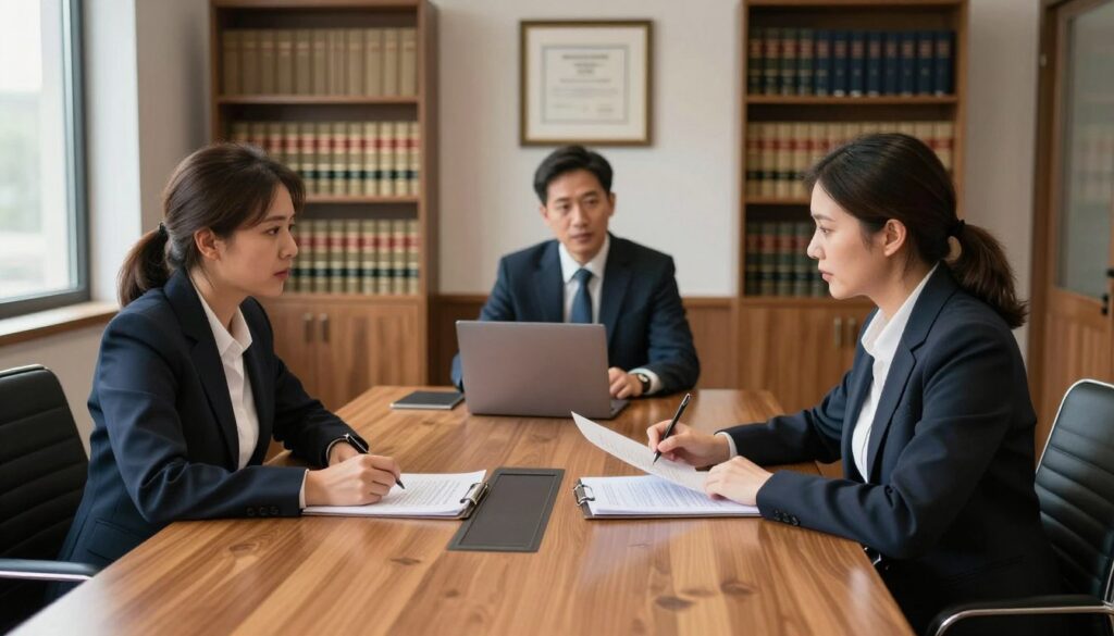 A professional office space with a large wooden conference table at the center, surrounded by four chairs. In the foreground, a middle-aged woman in a smart business suit, with a concerned expression, is reviewing legal documents spread out before her. In the middle, a man in a crisp suit gestures towards a laptop displaying legal texts, representing a strategic discussion. The background shows a wall with framed certificates and bookshelves filled with legal books, highlighting the serious nature of the consultation. Soft, natural lighting filters through large windows, creating a calm yet focused atmosphere. The image conveys professionalism and strategic planning in legal matters, ideal for illustrating a thoughtful approach to legal claims in family law. A professional office space with a large wooden conference table at the center, surrounded by four chairs. In the foreground, a middle-aged woman in a smart business suit, with a concerned expression, is reviewing legal documents spread out before her. In the middle, a man in a crisp suit gestures towards a laptop displaying legal texts, representing a strategic discussion. The background shows a wall with framed certificates and bookshelves filled with legal books, highlighting the serious nature of the consultation. Soft, natural lighting filters through large windows, creating a calm yet focused atmosphere. The image conveys professionalism and strategic planning in legal matters, ideal for illustrating a thoughtful approach to legal claims in family law.