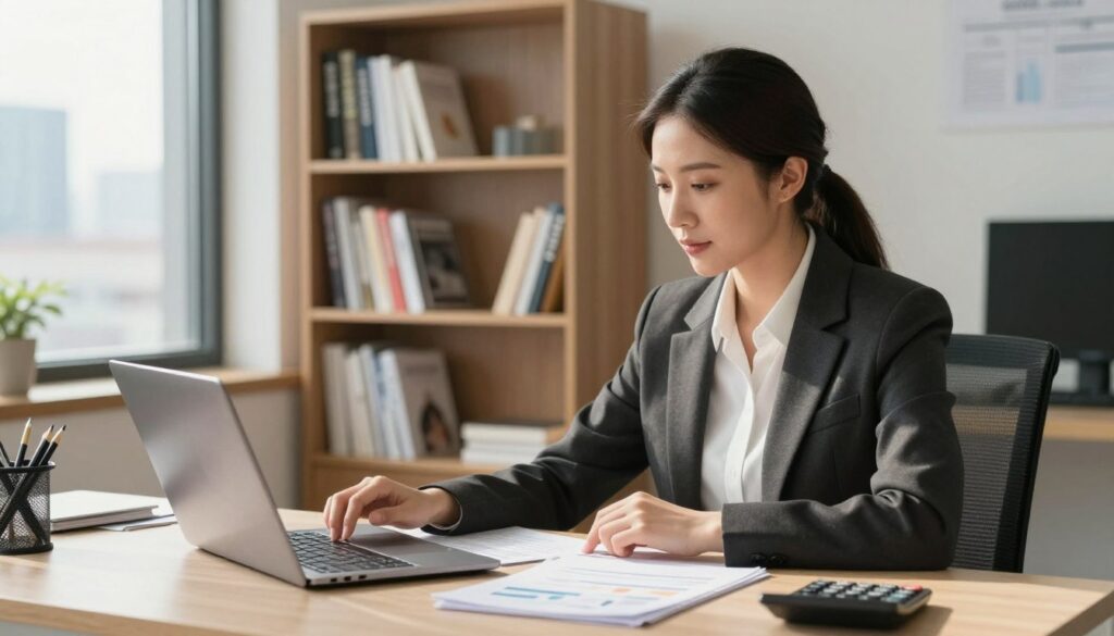 A professional parent, dressed in smart business attire, sits at a modern desk in a well-lit office. The foreground features a laptop open with financial documents and a calculator, symbolizing the assessment of income. In the middle ground, a bookshelf filled with parenting and finance books creates a sense of knowledge. The background shows a window with a view of a cityscape, suggesting potential income opportunities. Soft, natural light filters through, casting warm tones that evoke a sense of optimism and determination. The overall mood is one of focus and responsibility, illustrating the connection between parental income potential and financial obligations. A professional parent, dressed in smart business attire, sits at a modern desk in a well-lit office. The foreground features a laptop open with financial documents and a calculator, symbolizing the assessment of income. In the middle ground, a bookshelf filled with parenting and finance books creates a sense of knowledge. The background shows a window with a view of a cityscape, suggesting potential income opportunities. Soft, natural light filters through, casting warm tones that evoke a sense of optimism and determination. The overall mood is one of focus and responsibility, illustrating the connection between parental income potential and financial obligations.