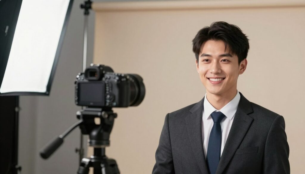 A professional photo studio setting showcasing a passport photo session. In the foreground, a confident individual dressed in smart business attire smiles warmly, looking directly at the camera. The midground features a high-quality camera on a tripod positioned at eye level, with soft, diffused lighting illuminating the scene to enhance the subject's features while minimizing shadows. In the background, a neutral-toned backdrop is set up, perfectly aiding in the photo’s acceptance criteria. The atmosphere is calm and encouraging, evoking a sense of reassurance about the acceptance of the photo. The image composition emphasizes clarity and professionalism, ideal for conveying the importance of proper passport photography. A professional photo studio setting showcasing a passport photo session. In the foreground, a confident individual dressed in smart business attire smiles warmly, looking directly at the camera. The midground features a high-quality camera on a tripod positioned at eye level, with soft, diffused lighting illuminating the scene to enhance the subject's features while minimizing shadows. In the background, a neutral-toned backdrop is set up, perfectly aiding in the photo’s acceptance criteria. The atmosphere is calm and encouraging, evoking a sense of reassurance about the acceptance of the photo. The image composition emphasizes clarity and professionalism, ideal for conveying the importance of proper passport photography.