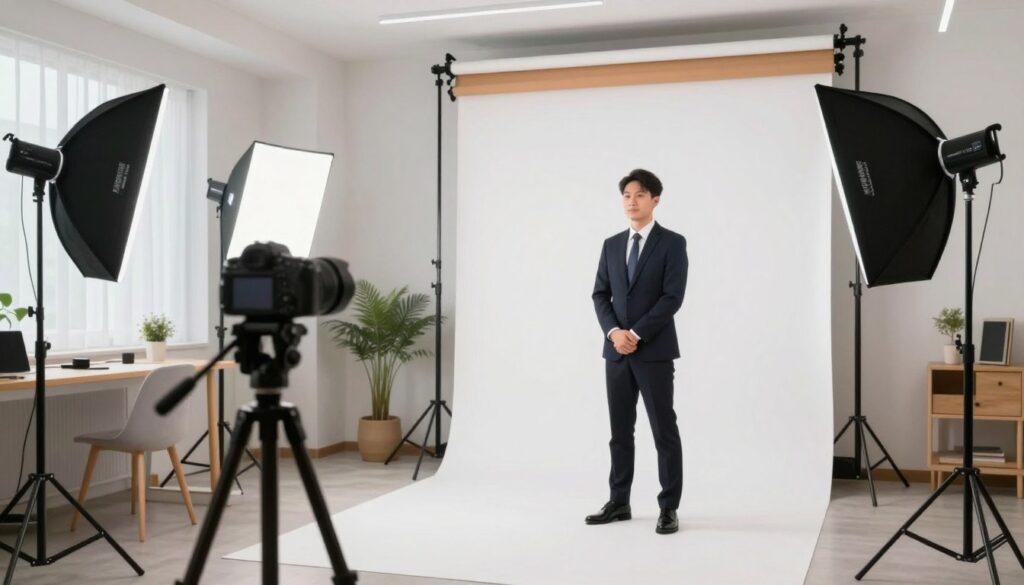 A professional photography studio interior, showcasing a vibrant workspace dedicated to capturing official photographs. In the foreground, a well-lit photography setup with a high-quality camera on a tripod, aimed at a stark white backdrop. A business person stands confidently, dressed in formal attire, providing a clear example of an ideal subject for ID photos. The middle ground features a beautifully organized array of photography equipment, including reflectors and lighting kits. The background reveals tasteful decor with soft lighting, enhancing a professional atmosphere. A mood of professionalism and trust radiates throughout the scene, emphasizing the importance of high-quality photography for ID purposes. The image should be bright and inviting, showcasing the detail and clarity expected in a professional photo studio. A professional photography studio interior, showcasing a vibrant workspace dedicated to capturing official photographs. In the foreground, a well-lit photography setup with a high-quality camera on a tripod, aimed at a stark white backdrop. A business person stands confidently, dressed in formal attire, providing a clear example of an ideal subject for ID photos. The middle ground features a beautifully organized array of photography equipment, including reflectors and lighting kits. The background reveals tasteful decor with soft lighting, enhancing a professional atmosphere. A mood of professionalism and trust radiates throughout the scene, emphasizing the importance of high-quality photography for ID purposes. The image should be bright and inviting, showcasing the detail and clarity expected in a professional photo studio.