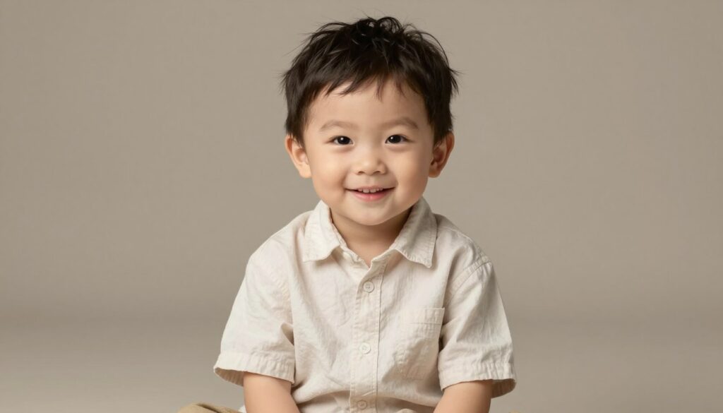 A professional portrait of a young child, around four years old, sitting on a simple, neutral-colored backdrop. The child is wearing a modest, light-colored shirt and has a cheerful, genuine smile. Soft, diffused lighting illuminates the face, creating a warm and inviting atmosphere. The angle captures the child’s upper body and face, emphasizing their expressive eyes. In the background, there is a slight blur to keep the focus on the child, simulating a shallow depth of field. The overall mood should convey innocence and approachability, ideal for a formal identification photograph, reflecting the unique requirements for children's documentation. A professional portrait of a young child, around four years old, sitting on a simple, neutral-colored backdrop. The child is wearing a modest, light-colored shirt and has a cheerful, genuine smile. Soft, diffused lighting illuminates the face, creating a warm and inviting atmosphere. The angle captures the child’s upper body and face, emphasizing their expressive eyes. In the background, there is a slight blur to keep the focus on the child, simulating a shallow depth of field. The overall mood should convey innocence and approachability, ideal for a formal identification photograph, reflecting the unique requirements for children's documentation.
