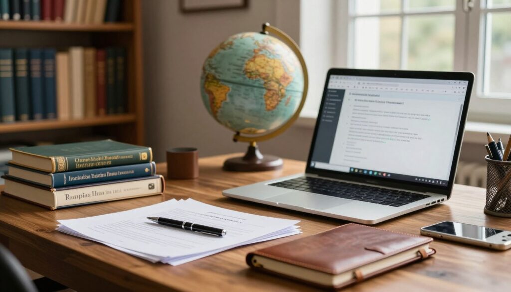 A professional setting depicting a certified translator's workspace. In the foreground, an intricately detailed wooden desk with a stack of official-looking documents, an ink pen, and a leather-bound notebook. A laptop is open, displaying a translation software interface. The middle ground features a globe and various language dictionaries, symbolizing the diversity of languages. In the background, shelves lined with books on translation ethics and practices, softly lit by warm ambient lighting. A large window allows natural light to spill in, creating a welcoming atmosphere. The overall mood is focused and professional, reflecting the importance of sworn translations and their requirements. The scene is framed with a slight depth of field, emphasizing the workspace while gently blurring the background. A professional setting depicting a certified translator's workspace. In the foreground, an intricately detailed wooden desk with a stack of official-looking documents, an ink pen, and a leather-bound notebook. A laptop is open, displaying a translation software interface. The middle ground features a globe and various language dictionaries, symbolizing the diversity of languages. In the background, shelves lined with books on translation ethics and practices, softly lit by warm ambient lighting. A large window allows natural light to spill in, creating a welcoming atmosphere. The overall mood is focused and professional, reflecting the importance of sworn translations and their requirements. The scene is framed with a slight depth of field, emphasizing the workspace while gently blurring the background.