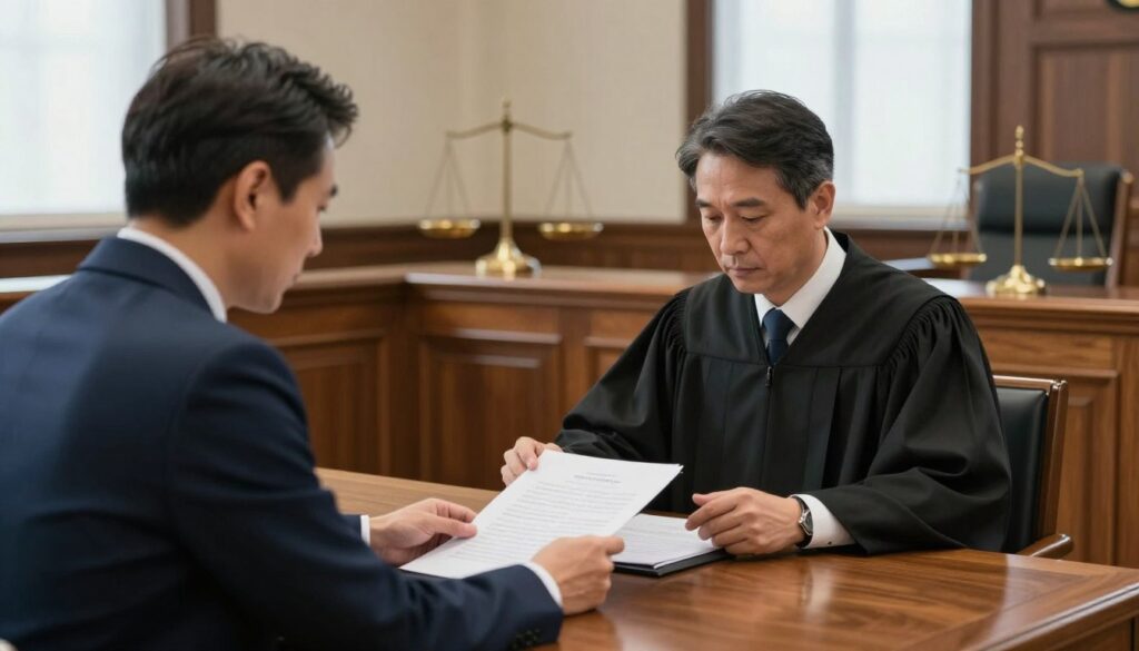 A professional setting depicting a court session where a curator is assisting in a case of inheritance. In the foreground, the curator, a middle-aged individual in a smart business suit, reviews legal documents on a polished wooden table. The middle ground shows a judge wearing traditional robes, focused on the proceedings, with a balanced scale in the background symbolizing justice. The background highlights a classic courtroom with ornate woodwork, large windows allowing soft natural light to filter in, creating a serene atmosphere. The composition should capture the seriousness of legal matters while conveying a sense of professionalism and diligence in the pursuit of fairness. The overall mood is formal and respectful, emphasizing the importance of the role of the curator in legal processes.