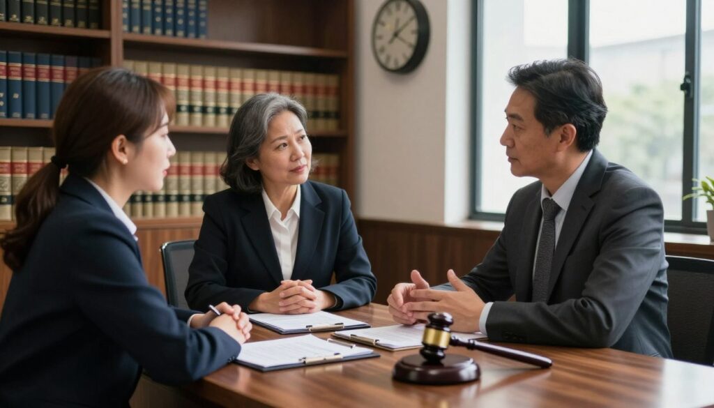 A professional setting depicting a notary office with two people discussing a prenuptial agreement. In the foreground, a middle-aged couple, dressed in smart business attire, are engaged in a serious conversation while seated at a polished wooden table. The middle area features a neatly organized desk with legal documents, a pen, and a gavel, symbolizing legal proceedings. In the background, shelves filled with law books and a large clock on the wall create a scholarly atmosphere. Soft, natural lighting filters through large windows, casting a warm glow that enhances the focused and professional mood of the scene. The overall impression is one of trust and professionalism as they consider the costs and implications of a prenuptial contract. A professional setting depicting a notary office with two people discussing a prenuptial agreement. In the foreground, a middle-aged couple, dressed in smart business attire, are engaged in a serious conversation while seated at a polished wooden table. The middle area features a neatly organized desk with legal documents, a pen, and a gavel, symbolizing legal proceedings. In the background, shelves filled with law books and a large clock on the wall create a scholarly atmosphere. Soft, natural lighting filters through large windows, casting a warm glow that enhances the focused and professional mood of the scene. The overall impression is one of trust and professionalism as they consider the costs and implications of a prenuptial contract.