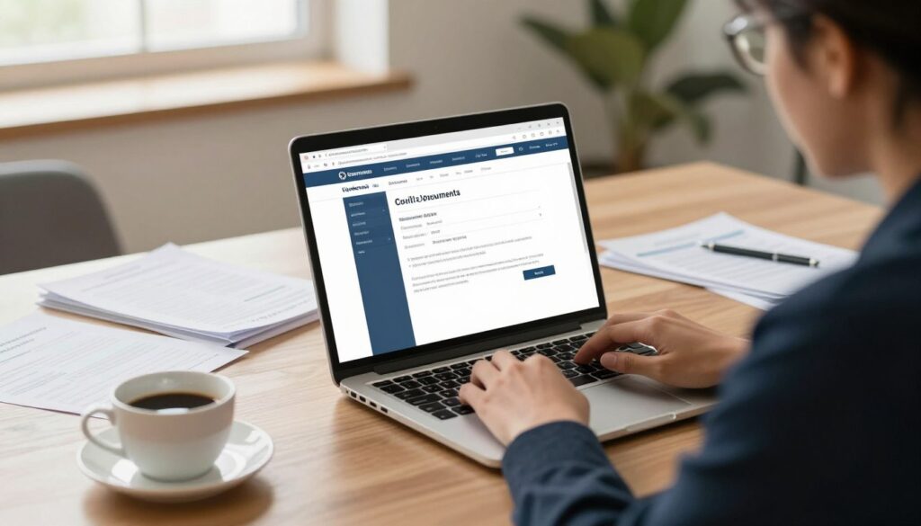 A professional setting depicting a person seated at a desk, engaged in the process of ordering a civil status document online. The foreground features a focused individual in smart business attire, interacting with a modern laptop. The screen displays a government website for ordering vital records, highlighting the user-friendly interface. In the middle ground, a neatly organized workspace showcases important documents and a cup of coffee, exuding a sense of productivity. The background includes a soft-focus view of an office environment, bathed in warm, natural lighting coming through a window. The mood is serene and efficient, emphasizing the convenience of online service. Use a wide-angle lens effect to accentuate the sense of space and tools at hand. A professional setting depicting a person seated at a desk, engaged in the process of ordering a civil status document online. The foreground features a focused individual in smart business attire, interacting with a modern laptop. The screen displays a government website for ordering vital records, highlighting the user-friendly interface. In the middle ground, a neatly organized workspace showcases important documents and a cup of coffee, exuding a sense of productivity. The background includes a soft-focus view of an office environment, bathed in warm, natural lighting coming through a window. The mood is serene and efficient, emphasizing the convenience of online service. Use a wide-angle lens effect to accentuate the sense of space and tools at hand.