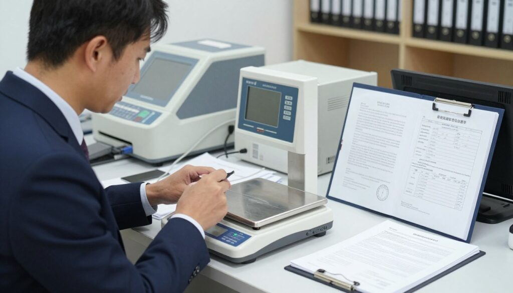 A professional setting depicting the process of weighing devices legalization. In the foreground, focus on a modern digital scale with clear certification labels vividly displayed. To the left, a well-dressed technician in a smart business suit is inspecting the scale with precision tools, while on the right, an open binder indicates regulatory documents on measurement requirements. In the middle, an organized office environment features a desk cluttered with paperwork and equipment testing apparatus. The background offers soft lighting that creates a serious and focused atmosphere, with shelves neatly lined with calibration weights. Use a wide-angle lens to capture the entire scene, emphasizing professionalism and compliance in the field of measurement. A professional setting depicting the process of weighing devices legalization. In the foreground, focus on a modern digital scale with clear certification labels vividly displayed. To the left, a well-dressed technician in a smart business suit is inspecting the scale with precision tools, while on the right, an open binder indicates regulatory documents on measurement requirements. In the middle, an organized office environment features a desk cluttered with paperwork and equipment testing apparatus. The background offers soft lighting that creates a serious and focused atmosphere, with shelves neatly lined with calibration weights. Use a wide-angle lens to capture the entire scene, emphasizing professionalism and compliance in the field of measurement.