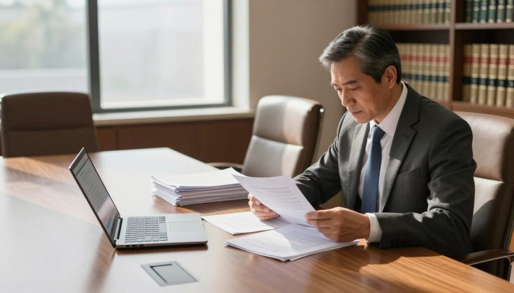 A professional setting featuring a well-organized meeting room with a wooden conference table and comfortable chairs. In the foreground, a middle-aged male lawyer in a tailored suit is reviewing documents, exhibiting a focused expression. The middle section shows a stack of neatly arranged legal papers and a laptop open with a note-taking application visible. The background features a large window allowing natural sunlight to flood in, illuminating a bookshelf filled with law books. The atmosphere is serious yet inviting, reflecting a sense of preparation and professionalism. Soft shadows and warm lighting create a balance between approachability and seriousness, perfect for depicting the idea of preparing for a legal meeting efficiently. A professional setting featuring a well-organized meeting room with a wooden conference table and comfortable chairs. In the foreground, a middle-aged male lawyer in a tailored suit is reviewing documents, exhibiting a focused expression. The middle section shows a stack of neatly arranged legal papers and a laptop open with a note-taking application visible. The background features a large window allowing natural sunlight to flood in, illuminating a bookshelf filled with law books. The atmosphere is serious yet inviting, reflecting a sense of preparation and professionalism. Soft shadows and warm lighting create a balance between approachability and seriousness, perfect for depicting the idea of preparing for a legal meeting efficiently.
