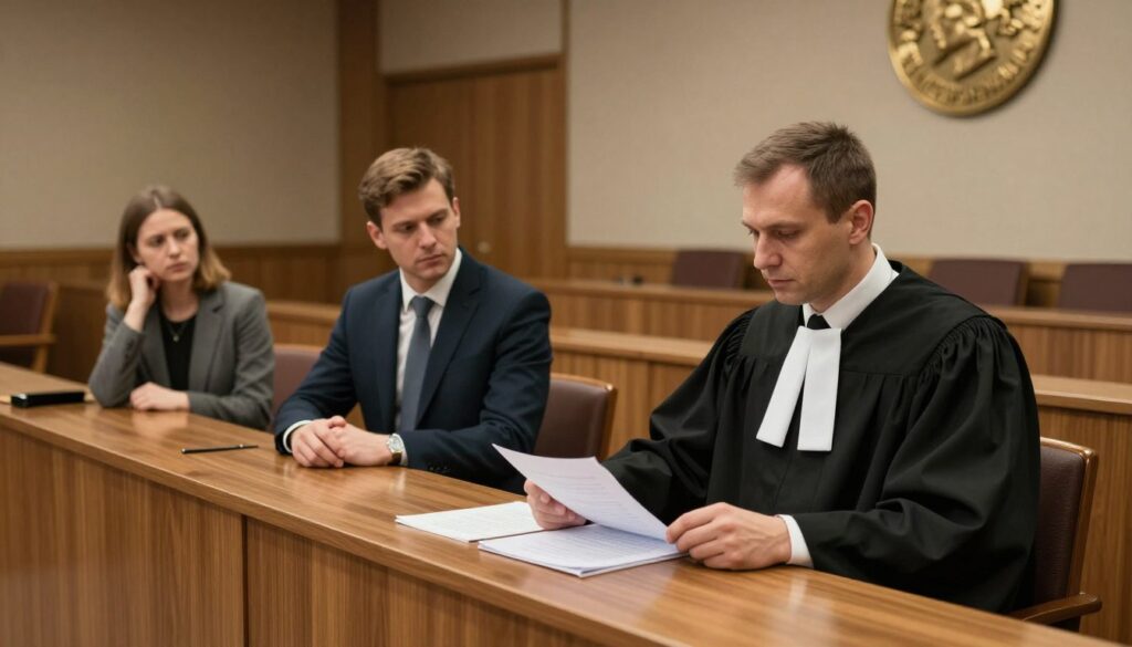 A professional setting in a Polish courtroom for a family law case, capturing a sense of seriousness and focus. In the foreground, a judge in a traditional robe attentively reviewing legal documents on a wooden bench, with a calm expression reflecting authority. Beside the judge, a lawyer, dressed in a smart suit, is consulting with a client who appears slightly anxious, dressed in modest business attire. The middle background features a courtroom with wooden paneling, a large judicial seal on the wall, and rows of empty spectator benches, conveying the atmosphere of a formal legal proceeding. Soft, diffused lighting casts a warm glow across the scene, enhancing the somber mood while ensuring all elements are clearly visible. The composition is shot from a slightly elevated angle to provide a comprehensive view of the courtroom dynamics. A professional setting in a Polish courtroom for a family law case, capturing a sense of seriousness and focus. In the foreground, a judge in a traditional robe attentively reviewing legal documents on a wooden bench, with a calm expression reflecting authority. Beside the judge, a lawyer, dressed in a smart suit, is consulting with a client who appears slightly anxious, dressed in modest business attire. The middle background features a courtroom with wooden paneling, a large judicial seal on the wall, and rows of empty spectator benches, conveying the atmosphere of a formal legal proceeding. Soft, diffused lighting casts a warm glow across the scene, enhancing the somber mood while ensuring all elements are clearly visible. The composition is shot from a slightly elevated angle to provide a comprehensive view of the courtroom dynamics.