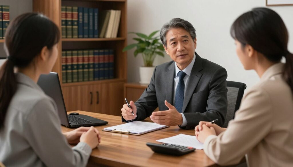 A professional setting in a neat, well-lit notary office. In the foreground, a polished wooden desk with legal documents, a pen, and a calculator to symbolize the financial aspect of asset separation. In the middle ground, a notary, a middle-aged individual in a tailored suit, discussing details with a couple in casual business attire, highlighting a moment of consultation. The background features shelves filled with law books and a potted plant, creating a calm and authoritative atmosphere. The lighting is warm, suggesting trust and professionalism. The angle is slightly angled, focusing on the interaction, conveying seriousness and clarity about financial implications. A professional setting in a neat, well-lit notary office. In the foreground, a polished wooden desk with legal documents, a pen, and a calculator to symbolize the financial aspect of asset separation. In the middle ground, a notary, a middle-aged individual in a tailored suit, discussing details with a couple in casual business attire, highlighting a moment of consultation. The background features shelves filled with law books and a potted plant, creating a calm and authoritative atmosphere. The lighting is warm, suggesting trust and professionalism. The angle is slightly angled, focusing on the interaction, conveying seriousness and clarity about financial implications.