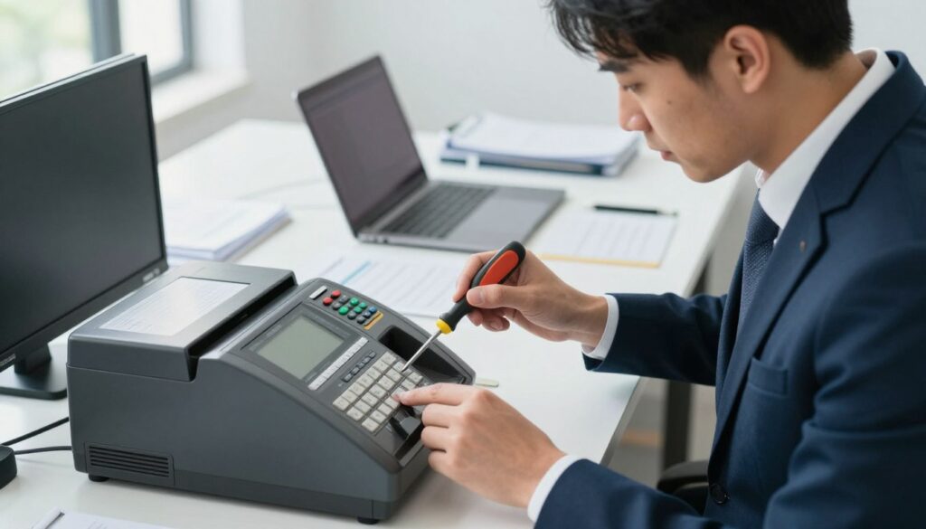 A professional setting showcasing a fiscal cash register undergoing inspection. In the foreground, a technician in smart business attire is carefully examining the cash register, using tools like a screwdriver and a measurement device. The middle background features a sleek, modern office with a desk cluttered with various fiscal documents and a laptop, subtly illuminated by natural light streaming through a nearby window. The overall mood is focused and informative, emphasizing the importance of regular inspection. The image should be well-lit, with a soft focus that draws attention to the technician's meticulous work on the cash register while maintaining a clean and organized environment.