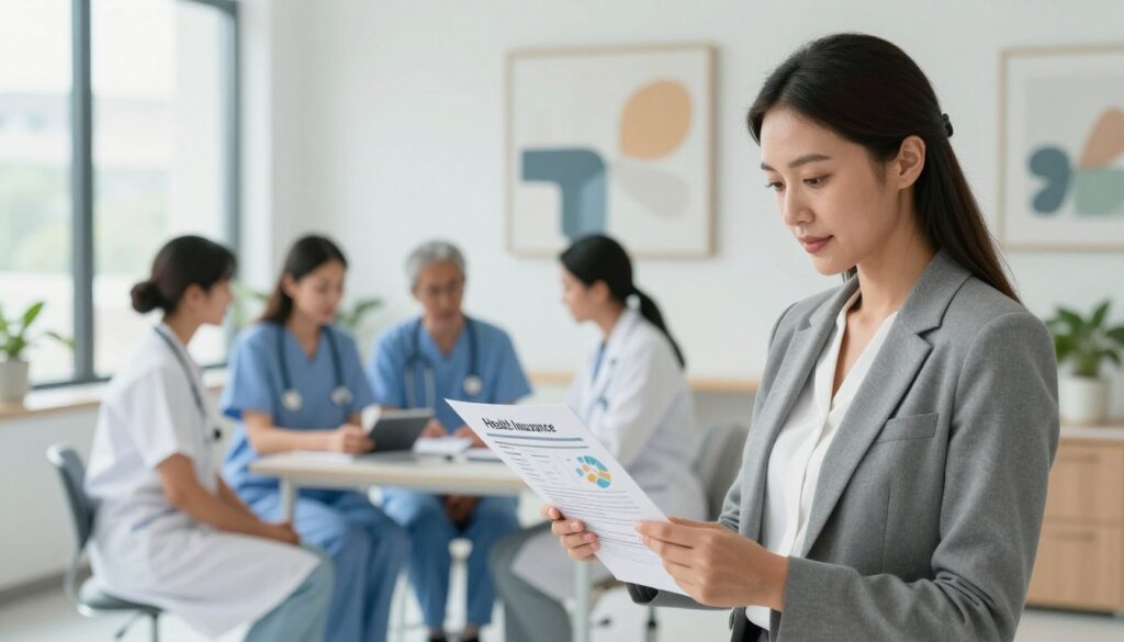 A professional setting showcasing the contrast between private health insurance and public healthcare. In the foreground, a confident businesswoman in professional attire reviews a health insurance policy, focusing on charts and statistics. In the middle ground, a serene hospital scene with medical professionals attending to patients, illustrating public healthcare. The background features a modern office with abstract art and soft lighting, creating a calm yet informative mood. Bright natural light filters through large windows, emphasizing clarity and transparency in choosing health insurance. The overall atmosphere conveys professionalism, trust, and informed decision-making, highlighting the differences in healthcare options seamlessly. A professional setting showcasing the contrast between private health insurance and public healthcare. In the foreground, a confident businesswoman in professional attire reviews a health insurance policy, focusing on charts and statistics. In the middle ground, a serene hospital scene with medical professionals attending to patients, illustrating public healthcare. The background features a modern office with abstract art and soft lighting, creating a calm yet informative mood. Bright natural light filters through large windows, emphasizing clarity and transparency in choosing health insurance. The overall atmosphere conveys professionalism, trust, and informed decision-making, highlighting the differences in healthcare options seamlessly.