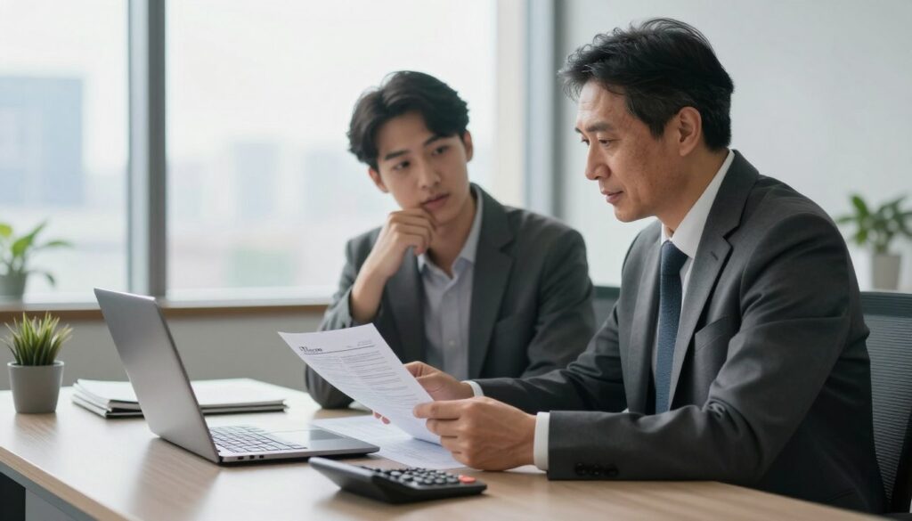 A professional tax advisor sitting at a sleek modern desk in an airy office space, engaged in a detailed discussion with a client. The foreground features the advisor, a middle-aged individual in smart business attire, intently reviewing tax documents, with a laptop and a calculator in view. In the middle ground, the client, a young adult dressed in smart casual clothing, is listening, looking thoughtful. The background showcases a large window with soft natural light filtering in, revealing a city skyline, creating a productive and optimistic atmosphere. The overall mood is one of professionalism and collaboration, emphasizing the guidance and support of the tax advisor in the tax preparation process. A professional tax advisor sitting at a sleek modern desk in an airy office space, engaged in a detailed discussion with a client. The foreground features the advisor, a middle-aged individual in smart business attire, intently reviewing tax documents, with a laptop and a calculator in view. In the middle ground, the client, a young adult dressed in smart casual clothing, is listening, looking thoughtful. The background showcases a large window with soft natural light filtering in, revealing a city skyline, creating a productive and optimistic atmosphere. The overall mood is one of professionalism and collaboration, emphasizing the guidance and support of the tax advisor in the tax preparation process.