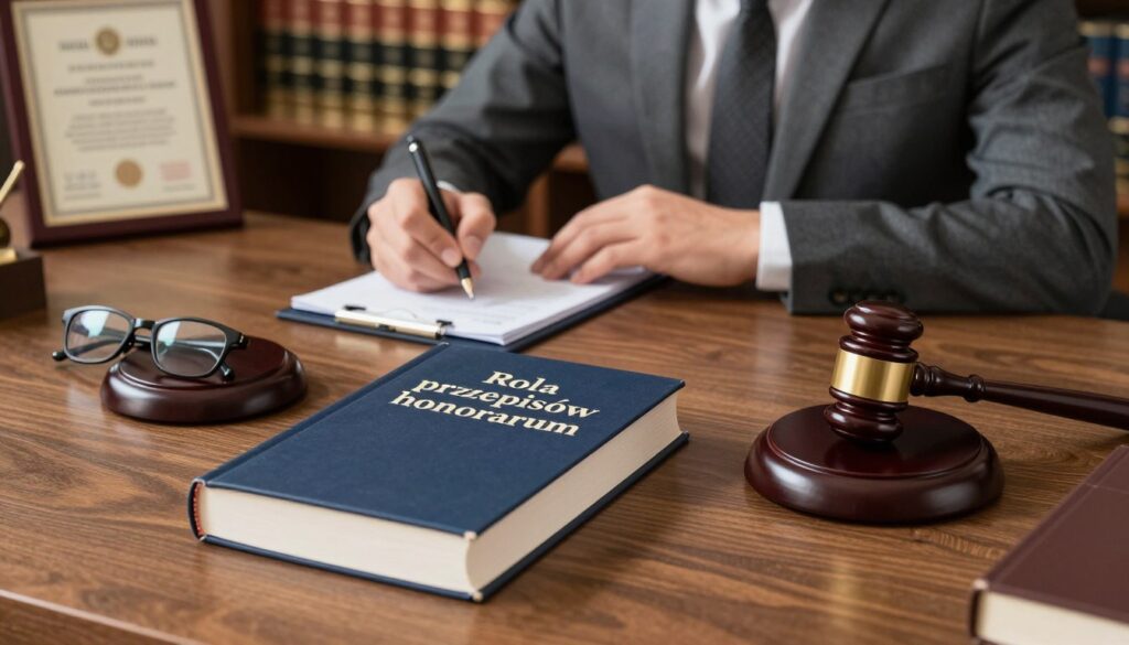 A professional workspace illustrating the concept of legal fees and regulations, featuring a neatly arranged desk with a law book titled "Rola przepisów honorarium" prominently displayed in the foreground. Beside it, a polished wooden gavel rests next to a pair of reading glasses. In the middle ground, a well-dressed lawyer, wearing a tailored suit, is engaged in deep thought, jotting down notes on a notepad. The background showcases a library filled with legal volumes and a framed diploma, suggesting an academic atmosphere. Soft, warm lighting highlights the textures of the wood and leather, creating a sophisticated and focused ambiance. The angle is slightly above eye level, offering a clear view of the desk and the lawyer's contemplative expression. A professional workspace illustrating the concept of legal fees and regulations, featuring a neatly arranged desk with a law book titled "Rola przepisów honorarium" prominently displayed in the foreground. Beside it, a polished wooden gavel rests next to a pair of reading glasses. In the middle ground, a well-dressed lawyer, wearing a tailored suit, is engaged in deep thought, jotting down notes on a notepad. The background showcases a library filled with legal volumes and a framed diploma, suggesting an academic atmosphere. Soft, warm lighting highlights the textures of the wood and leather, creating a sophisticated and focused ambiance. The angle is slightly above eye level, offering a clear view of the desk and the lawyer's contemplative expression.