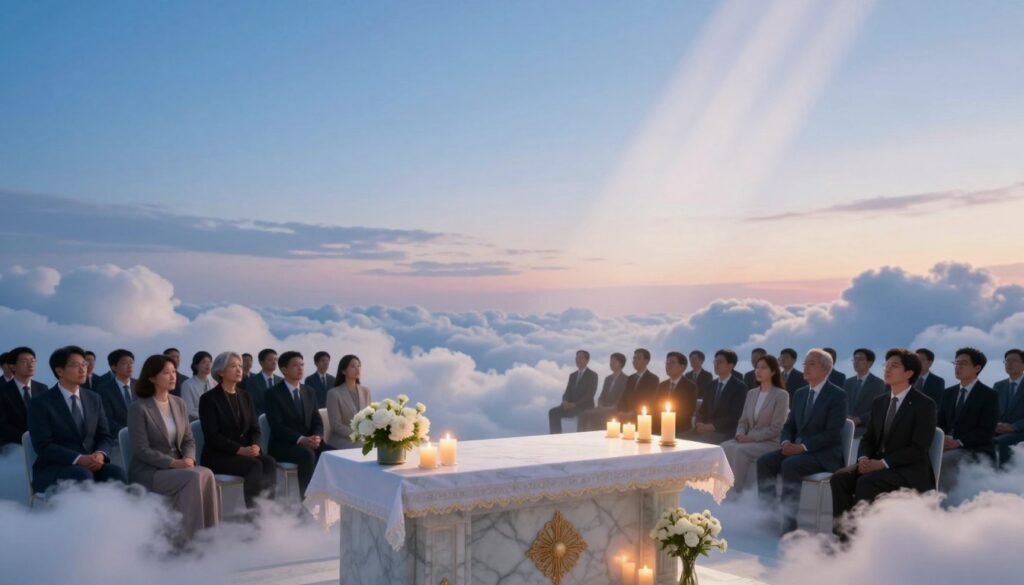 A serene and ethereal representation of "Dworu Niebieskiego," a heavenly abode, surrounded by soft, fluffy clouds and gentle rays of sunlight filtering through. In the foreground, a polished marble altar stands elegantly adorned with delicate white flowers and flickering candles, casting a warm, inviting glow. The middle ground features a tranquil congregation of people in professional business attire, their faces reflecting reverence and contemplation. In the background, expansive skies transition from vibrant blue to soft pastels, evoking a peaceful atmosphere. The image captures a sense of divine tranquility and spiritual connection, illuminated by soft, diffused lighting to enhance the ethereal quality of the scene. The angle should be slightly elevated, offering a view that emphasizes the grandeur of the subject while maintaining an intimate setting. A serene and ethereal representation of "Dworu Niebieskiego," a heavenly abode, surrounded by soft, fluffy clouds and gentle rays of sunlight filtering through. In the foreground, a polished marble altar stands elegantly adorned with delicate white flowers and flickering candles, casting a warm, inviting glow. The middle ground features a tranquil congregation of people in professional business attire, their faces reflecting reverence and contemplation. In the background, expansive skies transition from vibrant blue to soft pastels, evoking a peaceful atmosphere. The image captures a sense of divine tranquility and spiritual connection, illuminated by soft, diffused lighting to enhance the ethereal quality of the scene. The angle should be slightly elevated, offering a view that emphasizes the grandeur of the subject while maintaining an intimate setting.