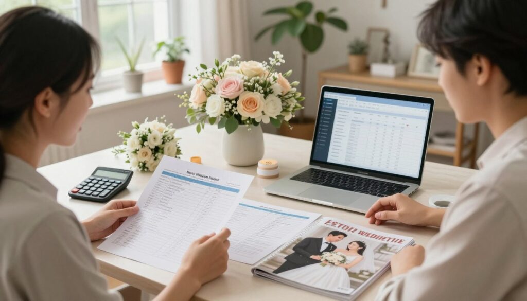 A serene and inviting wedding budget planning scene featuring a desktop full of wedding expense spreadsheets, calculators, and wedding magazines. In the foreground, a couple in smart casual attire examines the documents with focused expressions, while a laptop displays a budgeting application. In the middle, a beautiful floral arrangement and decorative wedding items such as a small bridal bouquet and rings add charm to the setting. In the background, soft natural light filters through a window, illuminating a cozy room filled with plants and wedding decor. The atmosphere is calm and professional, reflecting a productive discussion on optimizing wedding expenses, with a color palette of soft pastels and warm tones to evoke a sense of hope and planning. A serene and inviting wedding budget planning scene featuring a desktop full of wedding expense spreadsheets, calculators, and wedding magazines. In the foreground, a couple in smart casual attire examines the documents with focused expressions, while a laptop displays a budgeting application. In the middle, a beautiful floral arrangement and decorative wedding items such as a small bridal bouquet and rings add charm to the setting. In the background, soft natural light filters through a window, illuminating a cozy room filled with plants and wedding decor. The atmosphere is calm and professional, reflecting a productive discussion on optimizing wedding expenses, with a color palette of soft pastels and warm tones to evoke a sense of hope and planning.