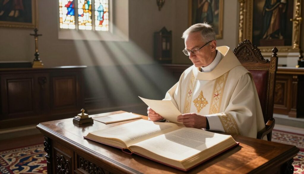 A serene and professional setting inside a bishop's court, depicting a grand wooden desk with ornate carvings, where a bishop in traditional ecclesiastical attire sits, reviewing documents. In the foreground, a large open book displaying legal texts symbolizes the process of annulment. In the middle, a sunlight beam from a stained glass window creates a warm, ethereal glow, casting colorful patterns on the ornate carpet. The background shows a richly decorated room with religious symbols and soft, muted colors, suggesting an ambiance of solemnity and gravity. The overall atmosphere is formal yet welcoming, emphasizing the significance of selecting the appropriate bishop's court for marriage annulment proceedings. A serene and professional setting inside a bishop's court, depicting a grand wooden desk with ornate carvings, where a bishop in traditional ecclesiastical attire sits, reviewing documents. In the foreground, a large open book displaying legal texts symbolizes the process of annulment. In the middle, a sunlight beam from a stained glass window creates a warm, ethereal glow, casting colorful patterns on the ornate carpet. The background shows a richly decorated room with religious symbols and soft, muted colors, suggesting an ambiance of solemnity and gravity. The overall atmosphere is formal yet welcoming, emphasizing the significance of selecting the appropriate bishop's court for marriage annulment proceedings.