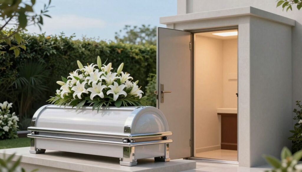 A serene and respectful crematorium setting, featuring an elegant, modern cremation chamber in the foreground. The chamber has polished chrome accents and subtle soft lighting that accentuates its sleek design, conveying a sense of dignity and tranquility. In the middle ground, a beautifully arranged floral tribute with white lilies and soft green foliage adds a touch of comfort and remembrance. An open, understated door reveals warm, gentle light illuminating the interior, symbolizing peace. In the background, the juxtaposition of lush greenery and a clear blue sky suggests a natural, calming environment. The overall atmosphere is one of solemnity and hope, inviting reflection and thoughtfulness. The scene is captured with a soft-focus lens to evoke a serene and contemplative mood. A serene and respectful crematorium setting, featuring an elegant, modern cremation chamber in the foreground. The chamber has polished chrome accents and subtle soft lighting that accentuates its sleek design, conveying a sense of dignity and tranquility. In the middle ground, a beautifully arranged floral tribute with white lilies and soft green foliage adds a touch of comfort and remembrance. An open, understated door reveals warm, gentle light illuminating the interior, symbolizing peace. In the background, the juxtaposition of lush greenery and a clear blue sky suggests a natural, calming environment. The overall atmosphere is one of solemnity and hope, inviting reflection and thoughtfulness. The scene is captured with a soft-focus lens to evoke a serene and contemplative mood.