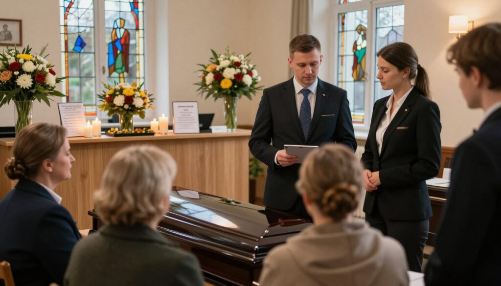 A serene and respectful funeral home setting in Wólka Węglowa, Poland. Foreground features a professional male and female funeral director in business attire, discussing services with a family in modest clothing, portraying compassion and empathy. Middle ground includes a well-appointed reception area with floral arrangements, memorial candles, and a tasteful display of service brochures. Background reveals stained glass windows casting soft, colorful light, creating a somber yet comforting atmosphere. The lighting should be gentle and warm, mimicking early evening light. The image should evoke a sense of professionalism, care, and dignity associated with the services offered by a funeral home. A serene and respectful funeral home setting in Wólka Węglowa, Poland. Foreground features a professional male and female funeral director in business attire, discussing services with a family in modest clothing, portraying compassion and empathy. Middle ground includes a well-appointed reception area with floral arrangements, memorial candles, and a tasteful display of service brochures. Background reveals stained glass windows casting soft, colorful light, creating a somber yet comforting atmosphere. The lighting should be gentle and warm, mimicking early evening light. The image should evoke a sense of professionalism, care, and dignity associated with the services offered by a funeral home.